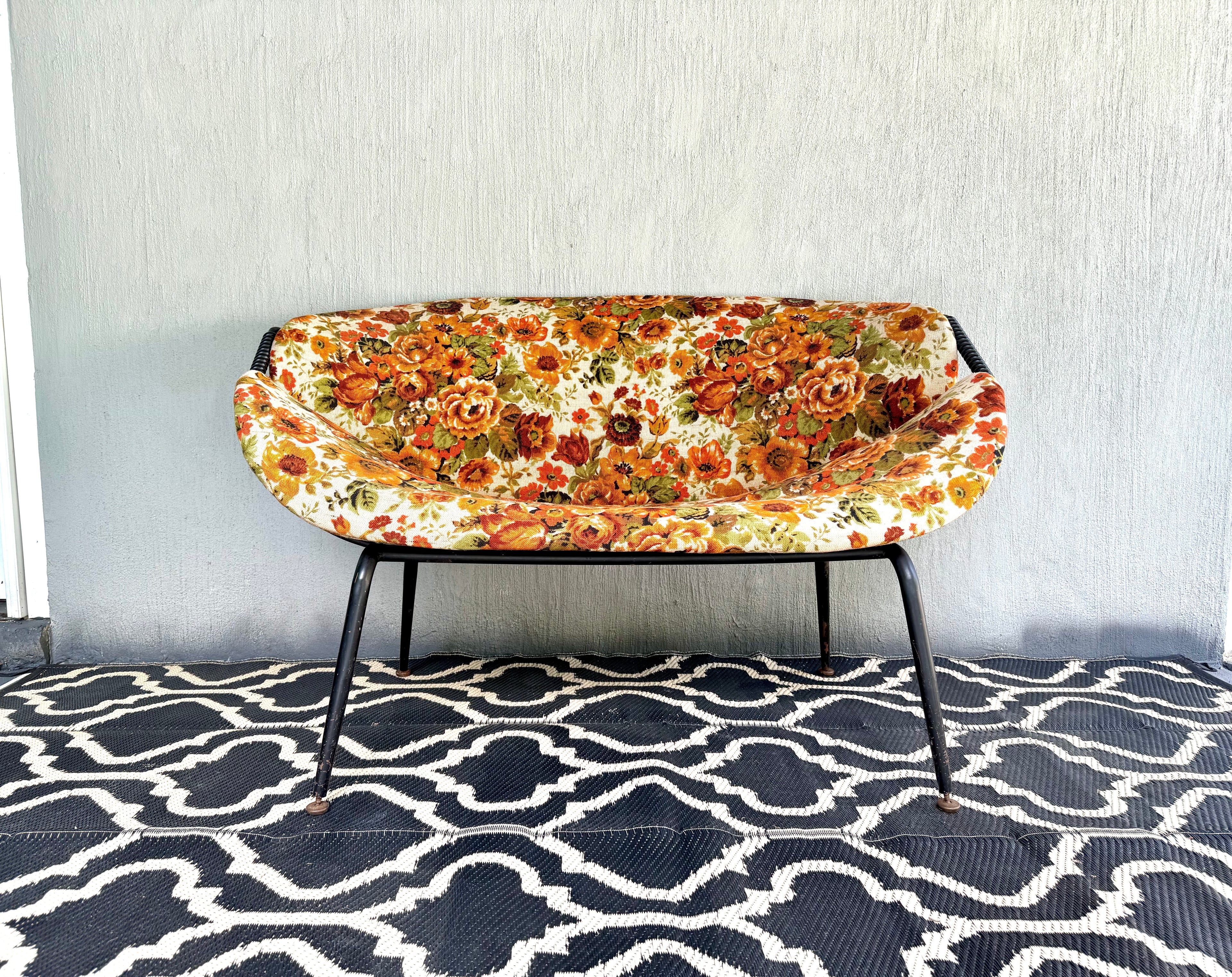 Mid Century Modern Small Couch | MCM Patio Loveseat | Floral Pattern Unique Small Couch | MCM Loveseat Project | Needs New Padding and Fabric
