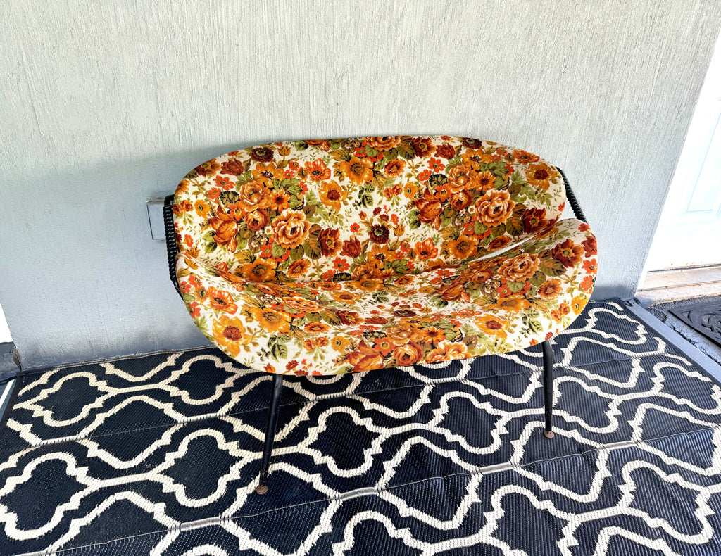 Mid Century Modern Small Couch | MCM Patio Loveseat | Floral Pattern Unique Small Couch | MCM Loveseat Project | Needs New Padding and Fabric