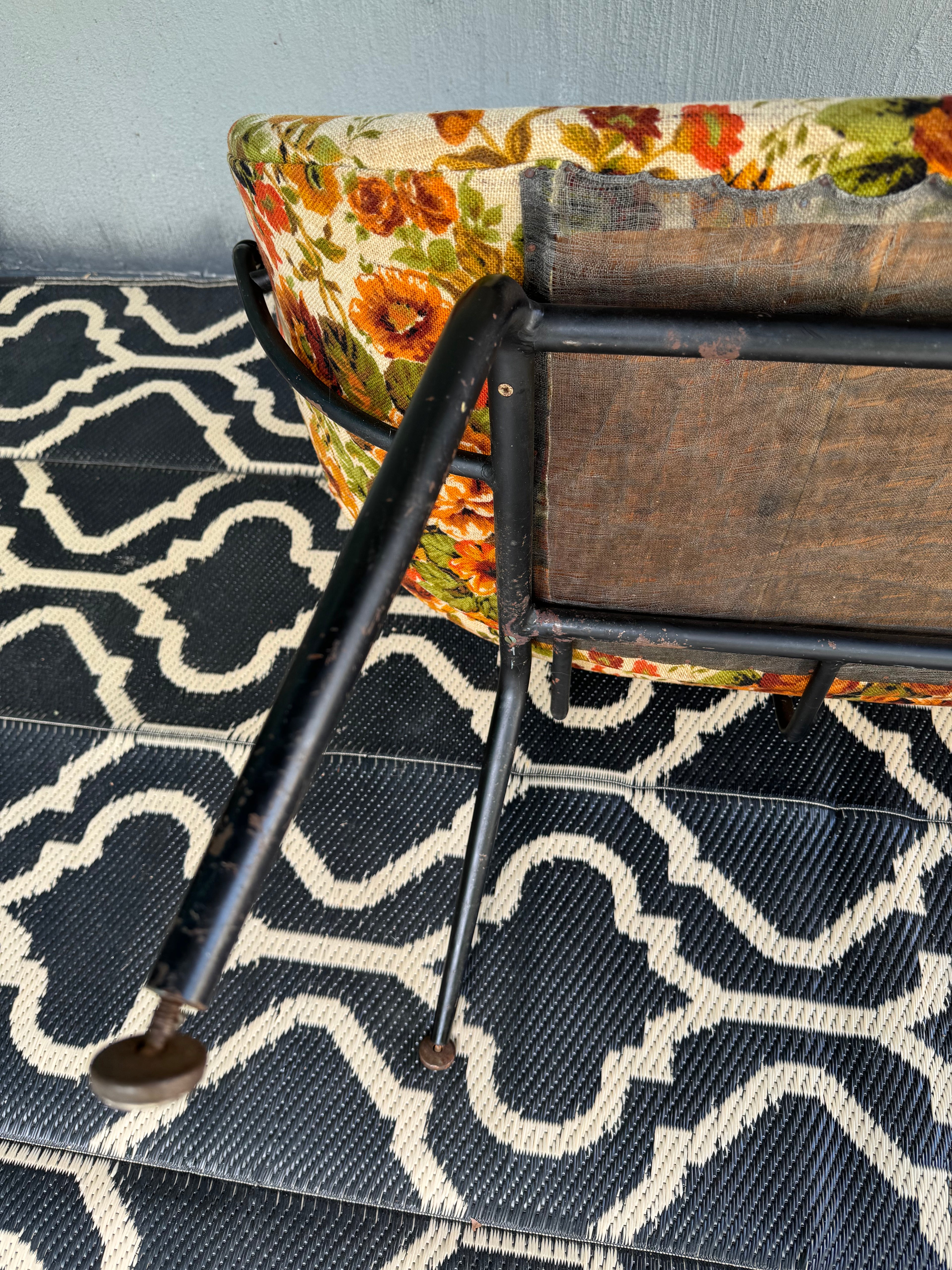 Mid Century Modern Small Couch | MCM Patio Loveseat | Floral Pattern Unique Small Couch | MCM Loveseat Project | Needs New Padding and Fabric