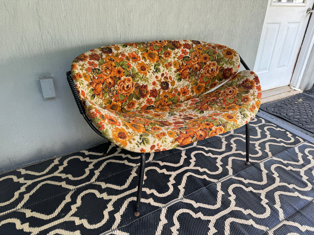 Mid Century Modern Small Couch | MCM Patio Loveseat | Floral Pattern Unique Small Couch | MCM Loveseat Project | Needs New Padding and Fabric
