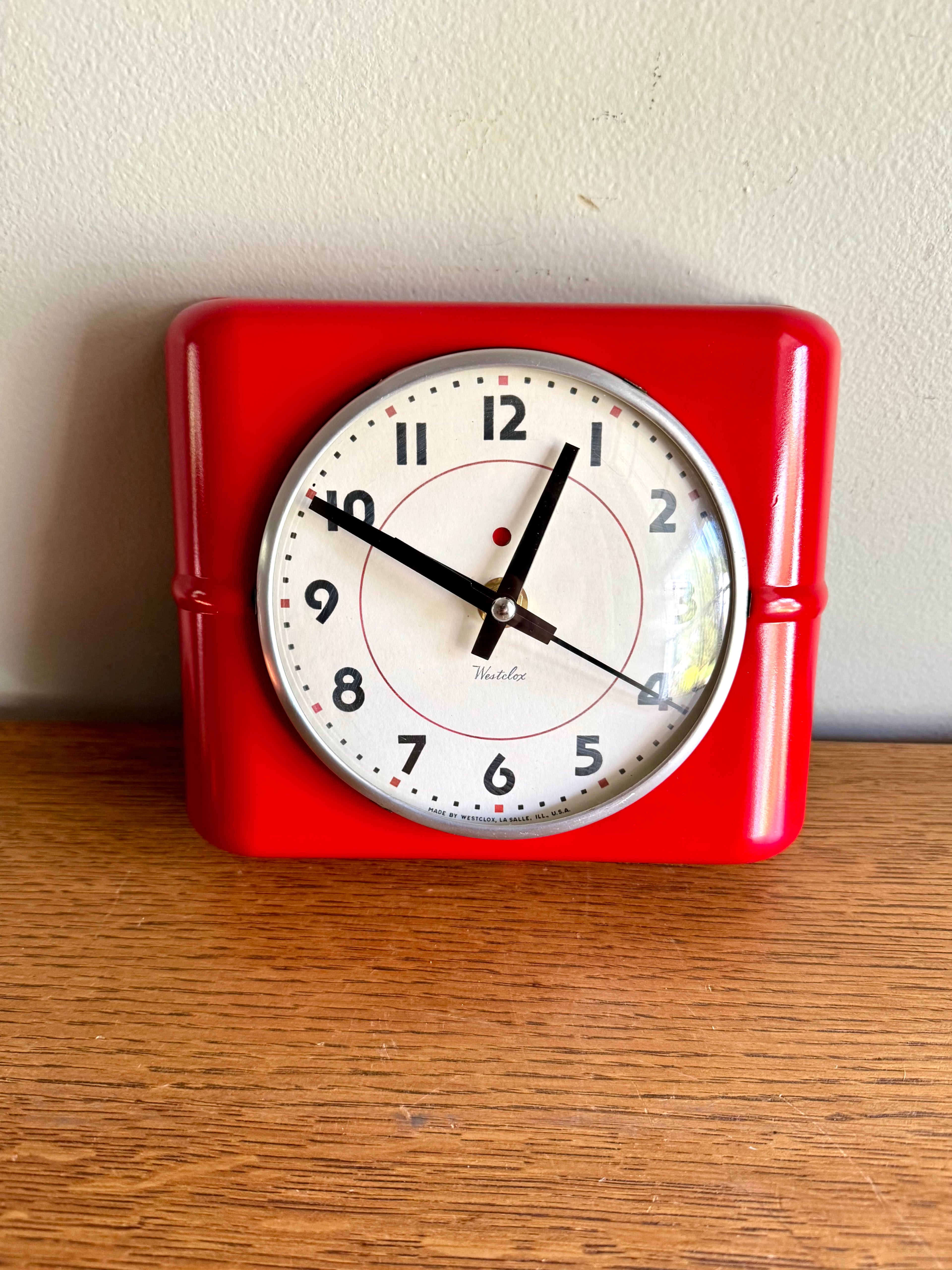 Vintage 1930's Red Westclox Quartz Converted Wall Clock | MCM Belfast Kitchen Clock | Art Deco Red Battery Operated Wall Clock