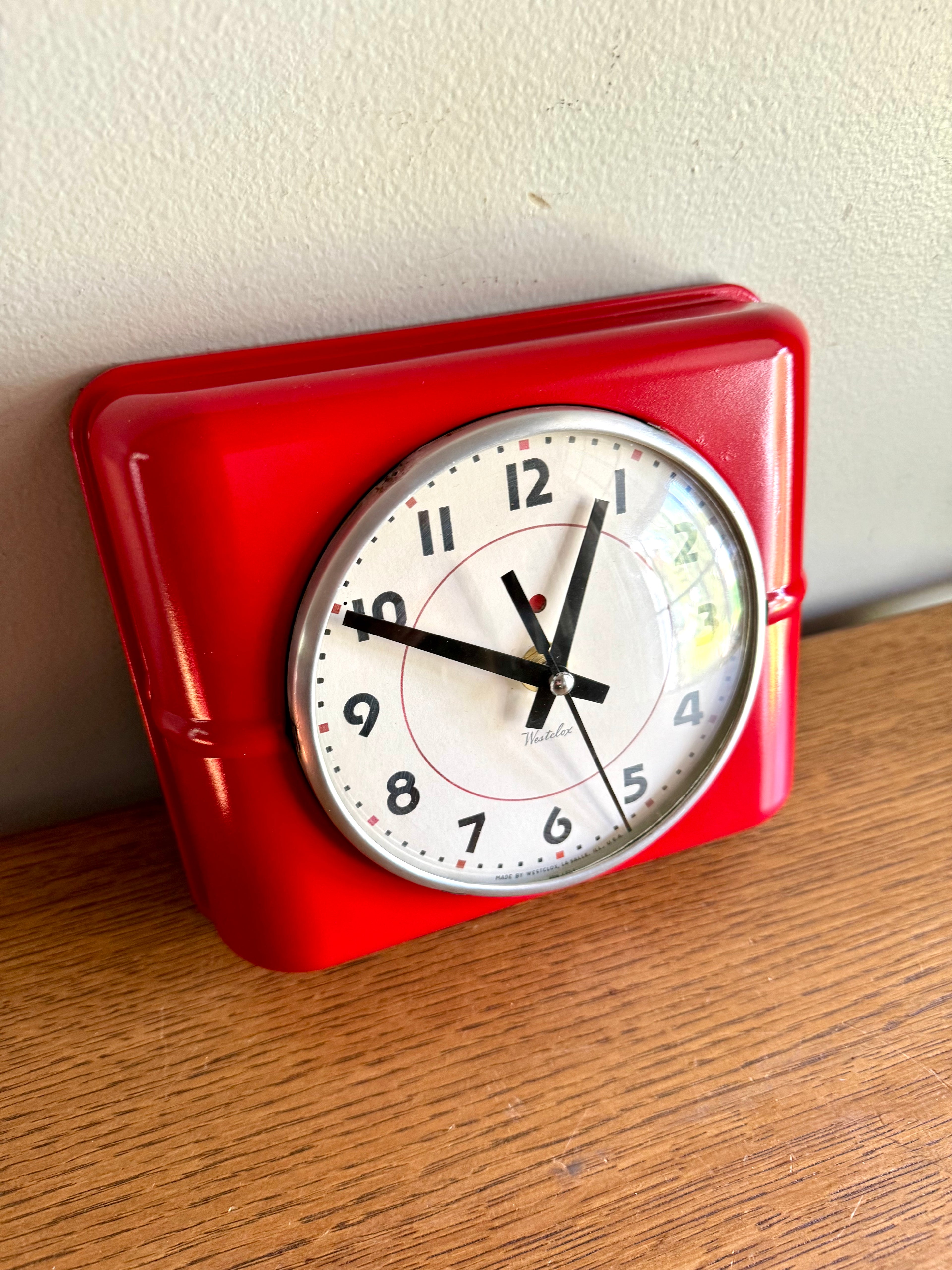 Vintage 1930's Red Westclox Quartz Converted Wall Clock | MCM Belfast Kitchen Clock | Art Deco Red Battery Operated Wall Clock
