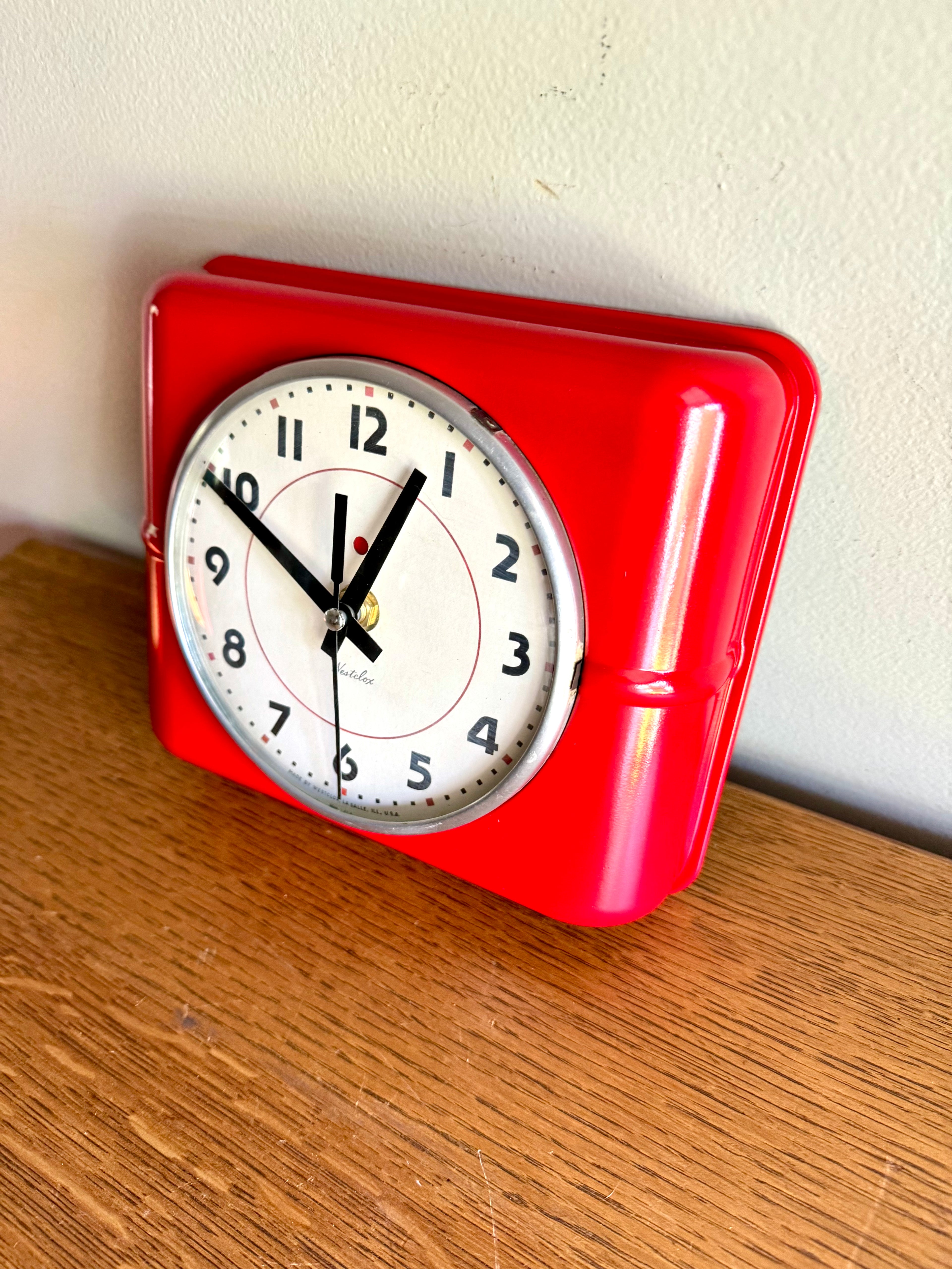 Vintage 1930's Red Westclox Quartz Converted Wall Clock | MCM Belfast Kitchen Clock | Art Deco Red Battery Operated Wall Clock
