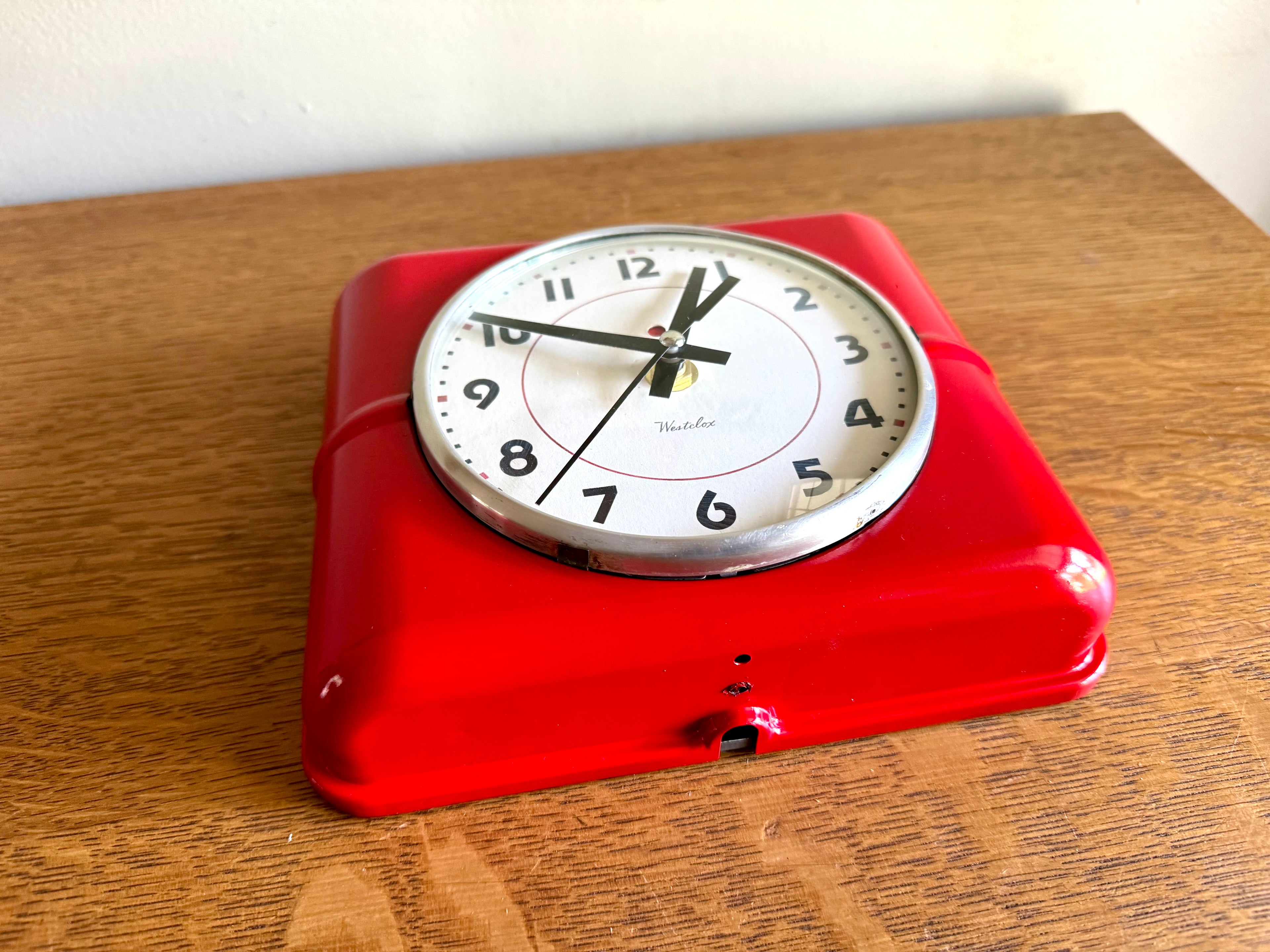 Vintage 1930's Red Westclox Quartz Converted Wall Clock | MCM Belfast Kitchen Clock | Art Deco Red Battery Operated Wall Clock