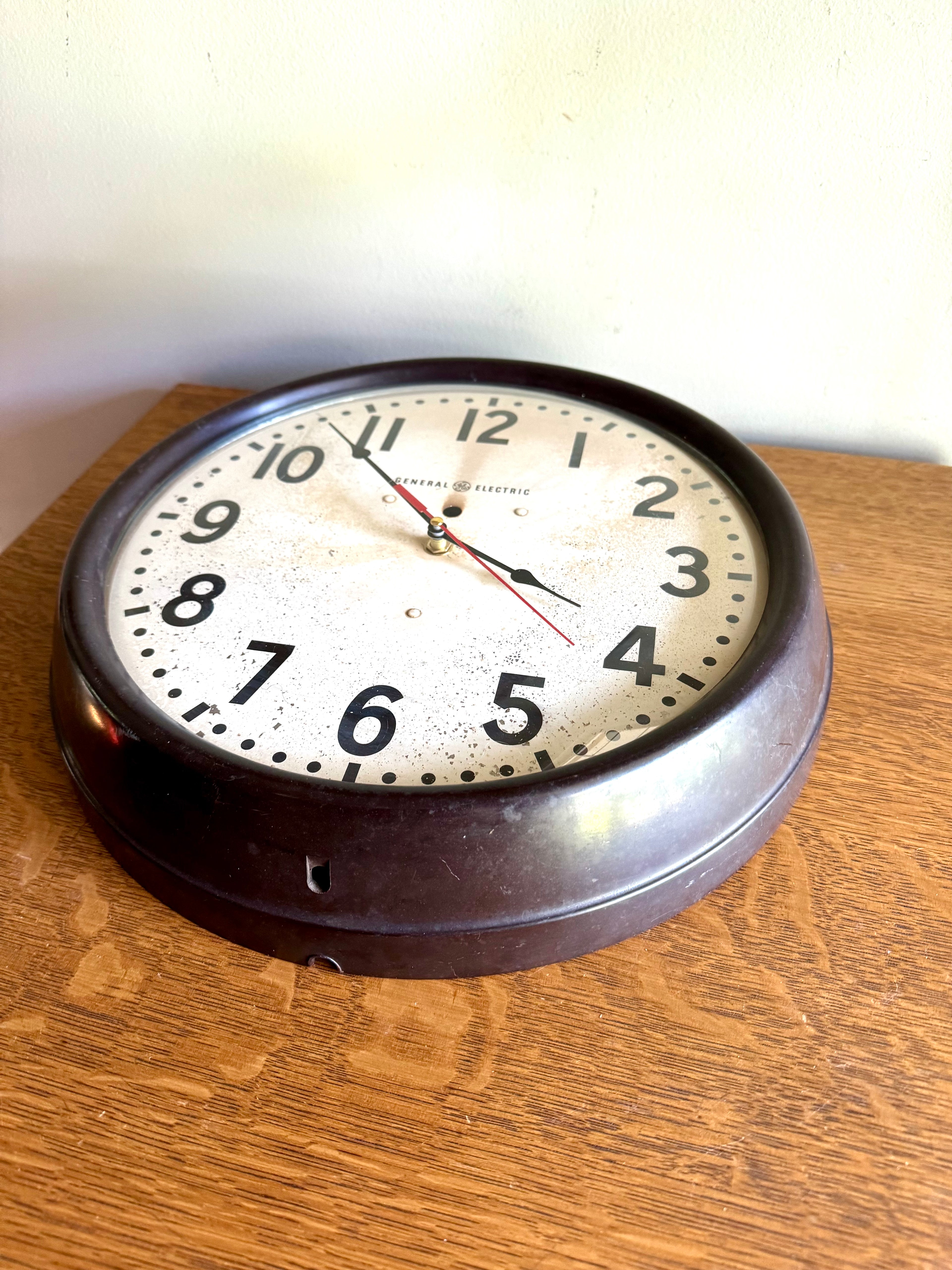 Battery Powered General Electric Wall Clock | Classic Industrial Wall Clock| Rustic School Wall Clock | 12" Bubble Glass Clock | GE Wall Clock
