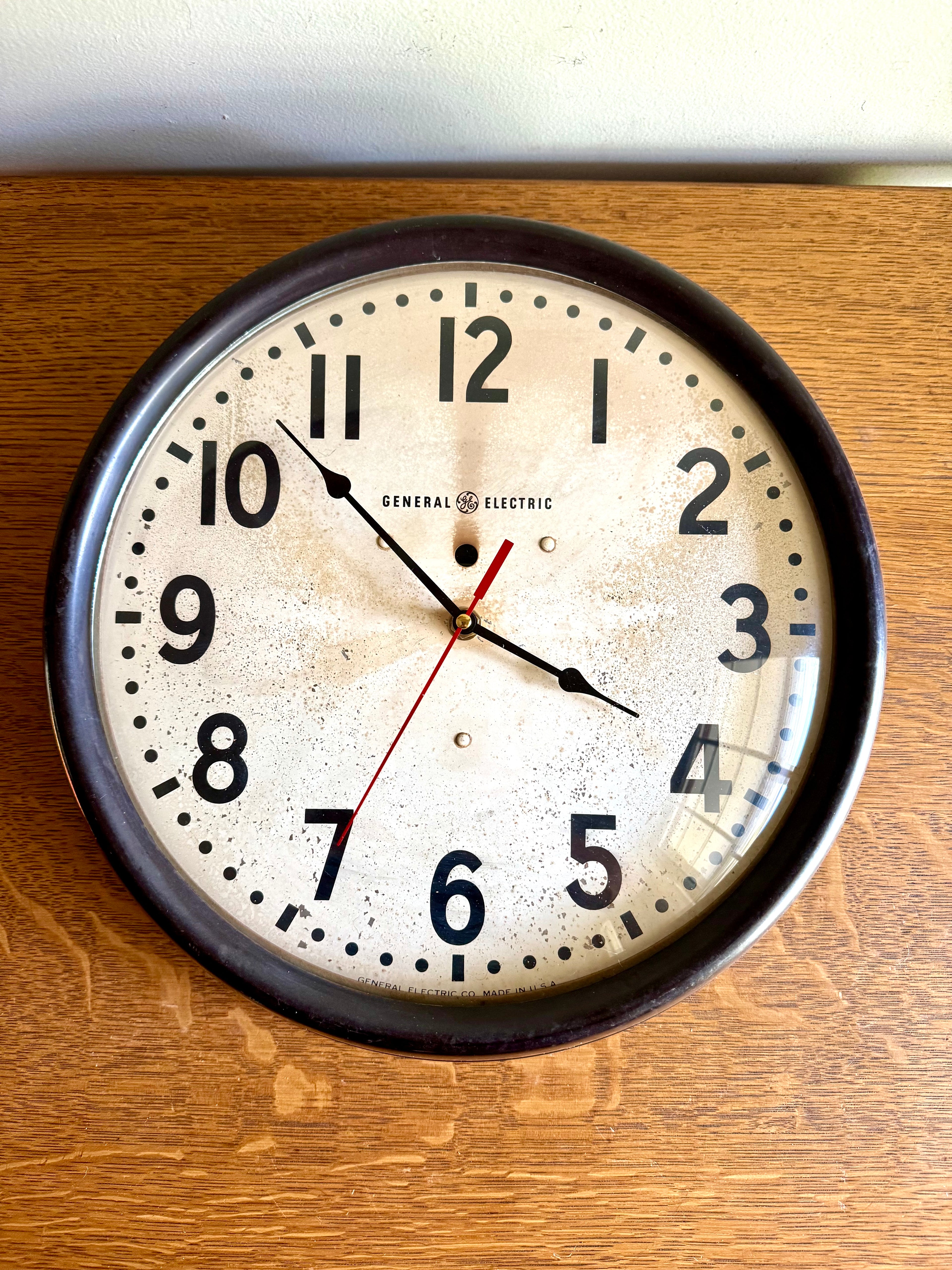 Battery Powered General Electric Wall Clock | Classic Industrial Wall Clock| Rustic School Wall Clock | 12" Bubble Glass Clock | GE Wall Clock