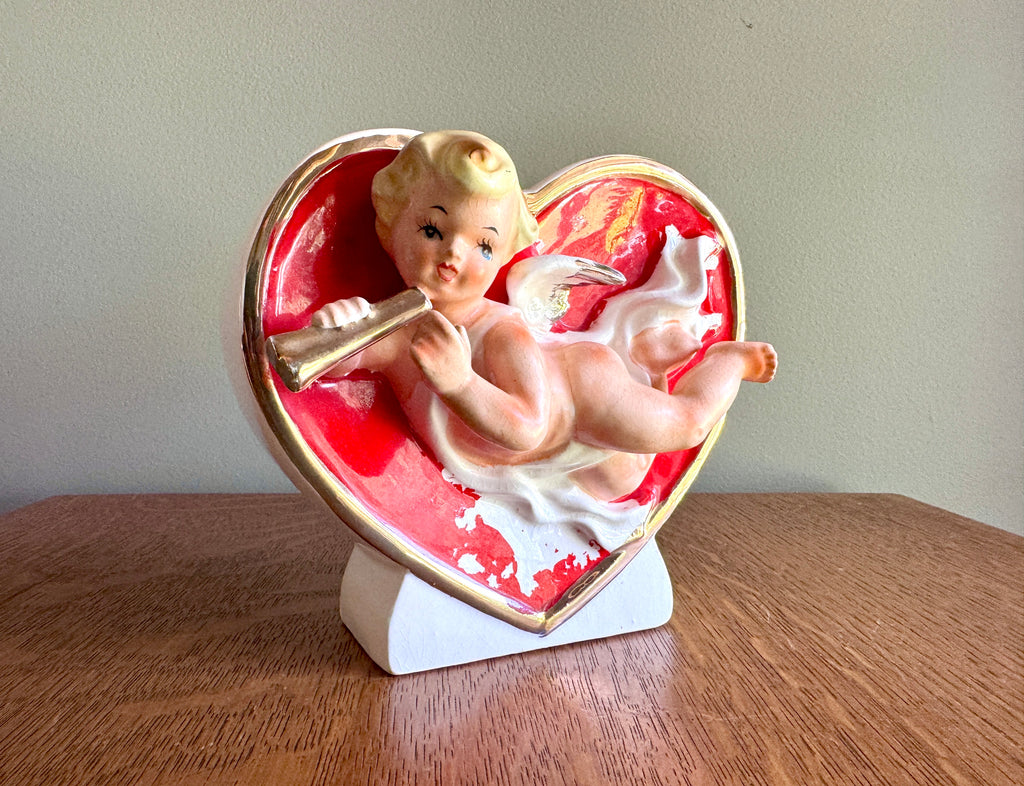 Vintage Valentine Cupid Red Heart Planter ~ Cupid 3-D Japan Ceramic Angel Gold Gilt Vase