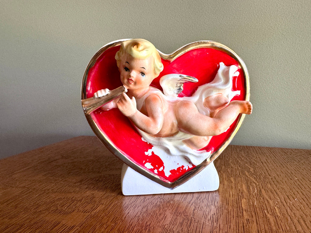 Vintage Valentine Cupid Red Heart Planter ~ Cupid 3-D Japan Ceramic Angel Gold Gilt Vase