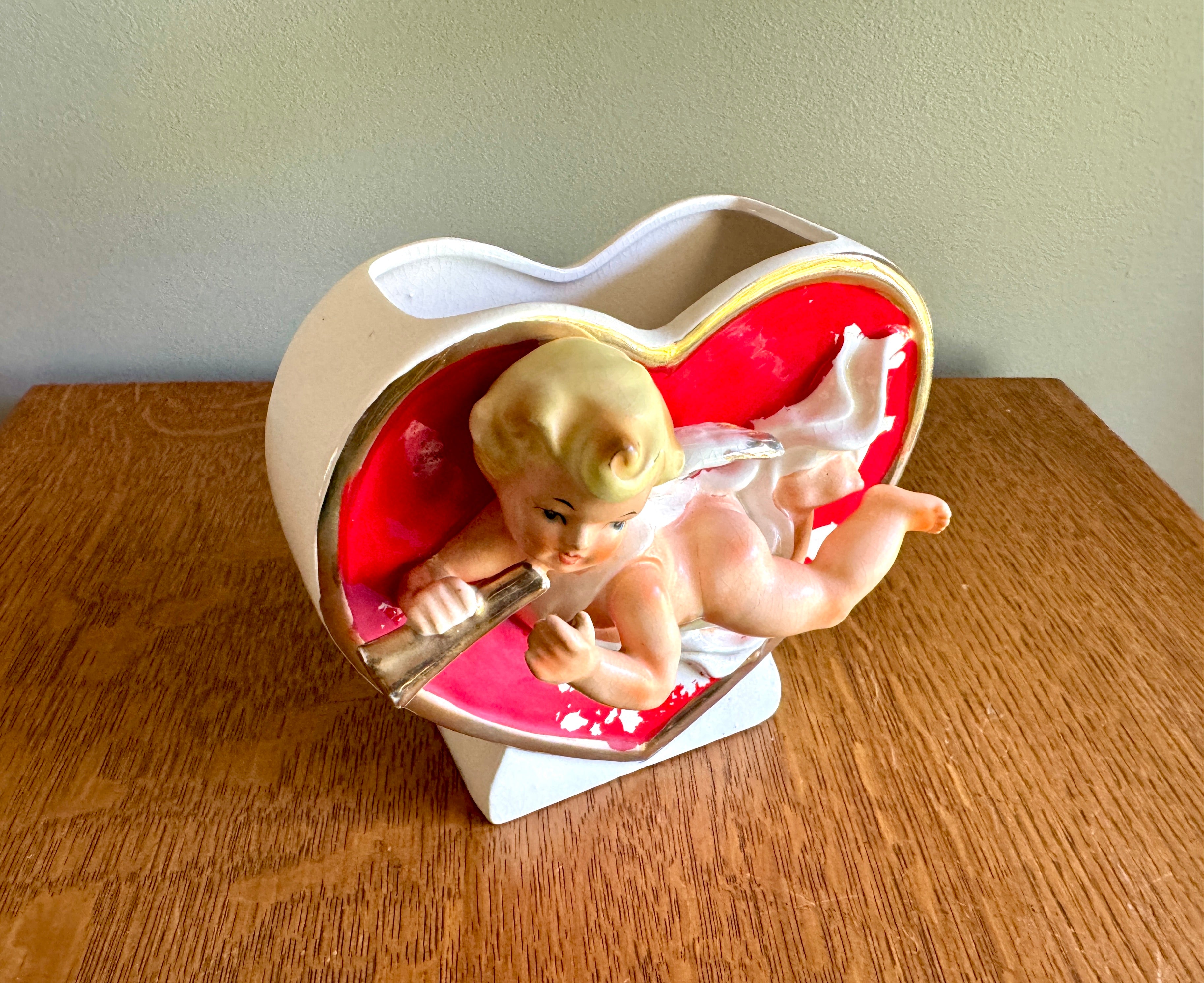 Vintage Valentine Cupid Red Heart Planter ~ Cupid 3-D Japan Ceramic Angel Gold Gilt Vase