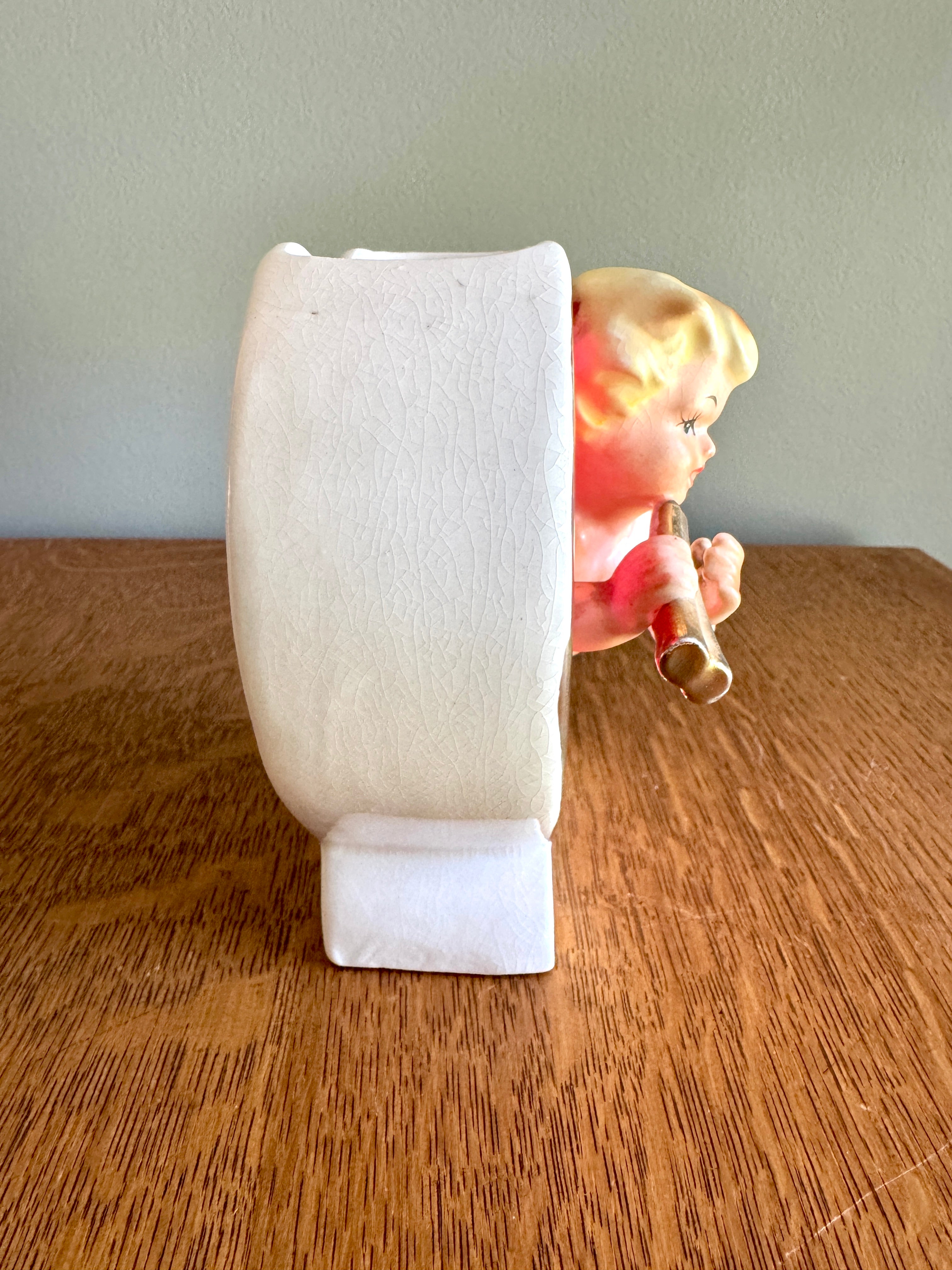 Vintage Valentine Cupid Red Heart Planter ~ Cupid 3-D Japan Ceramic Angel Gold Gilt Vase