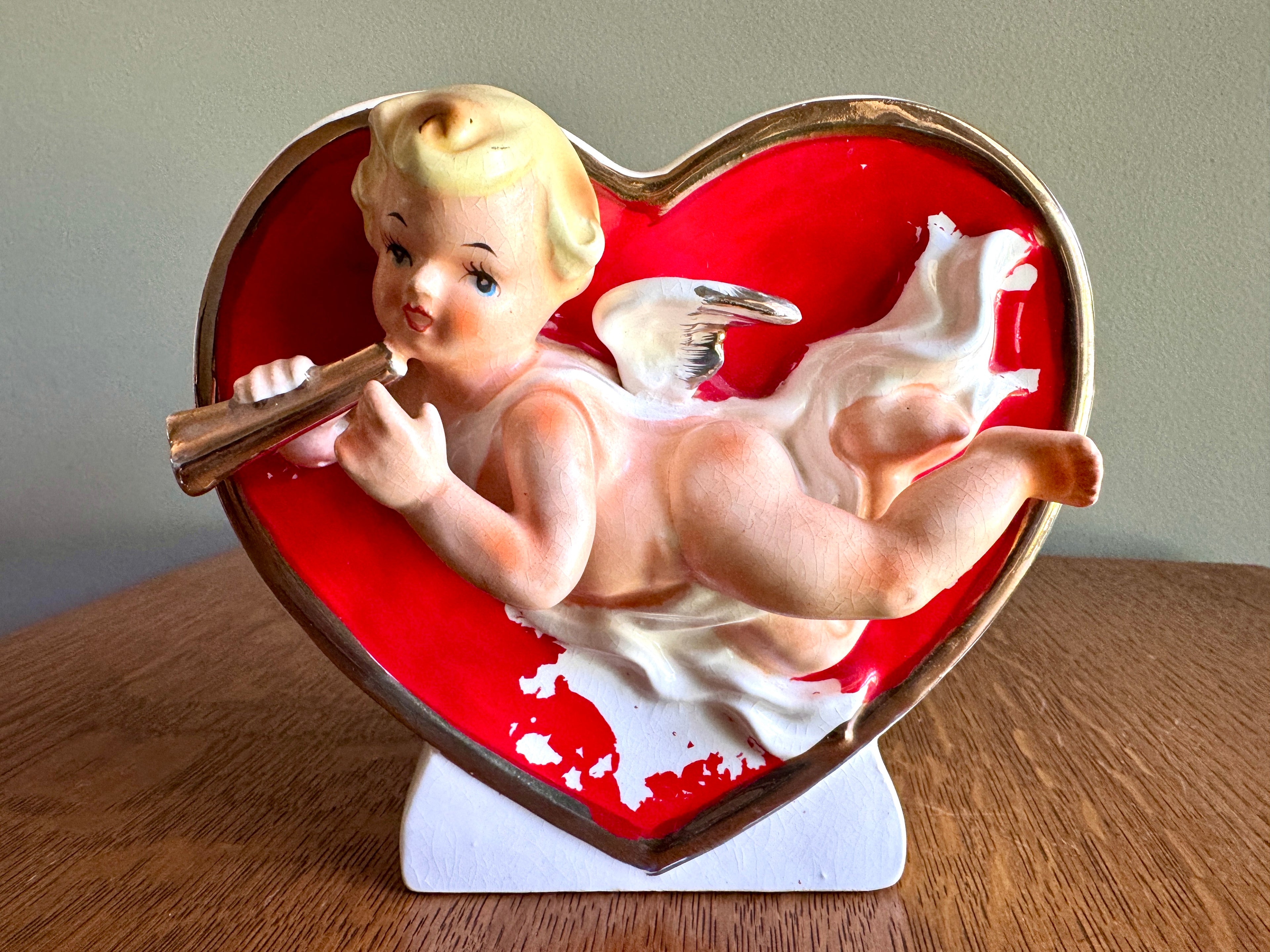 Vintage Valentine Cupid Red Heart Planter ~ Cupid 3-D Japan Ceramic Angel Gold Gilt Vase