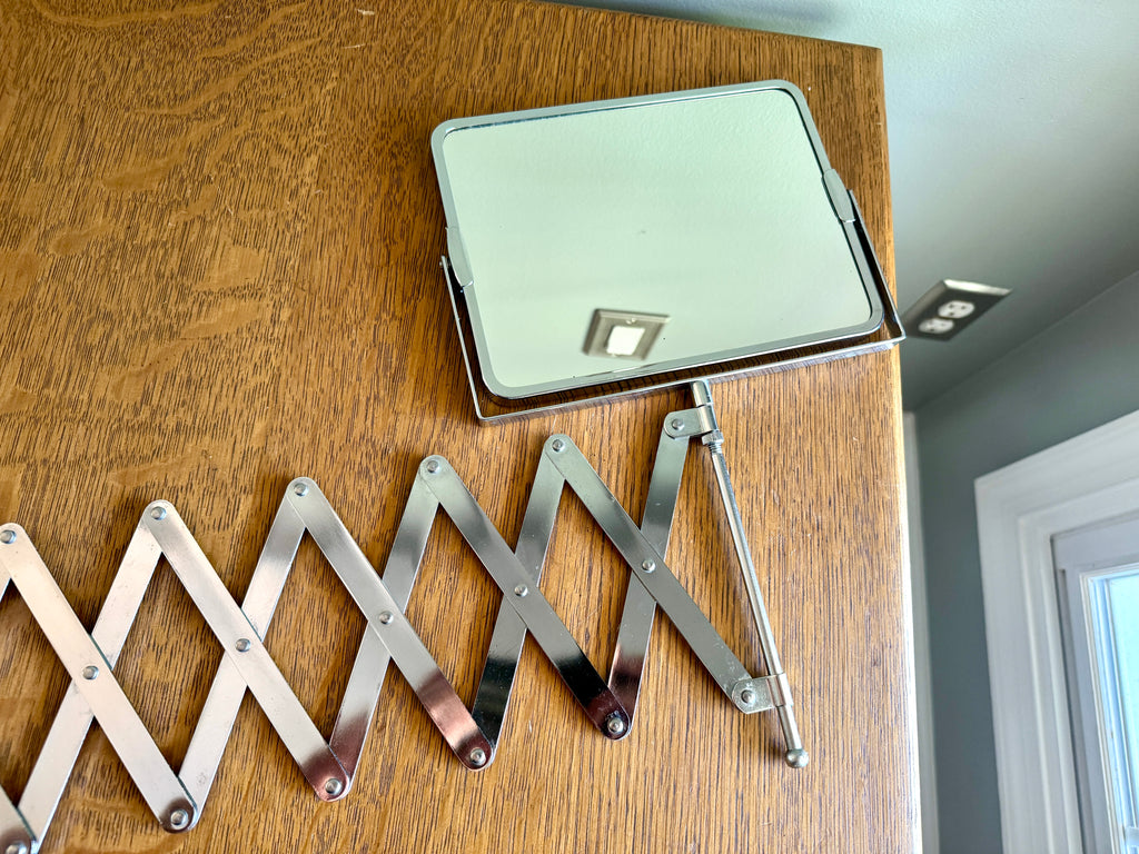 Vtg Extended Accordion/Scissor Chrome Rectangular Bathroom Mirror - Shaving/Barber Wall Mirror - Magnification Side