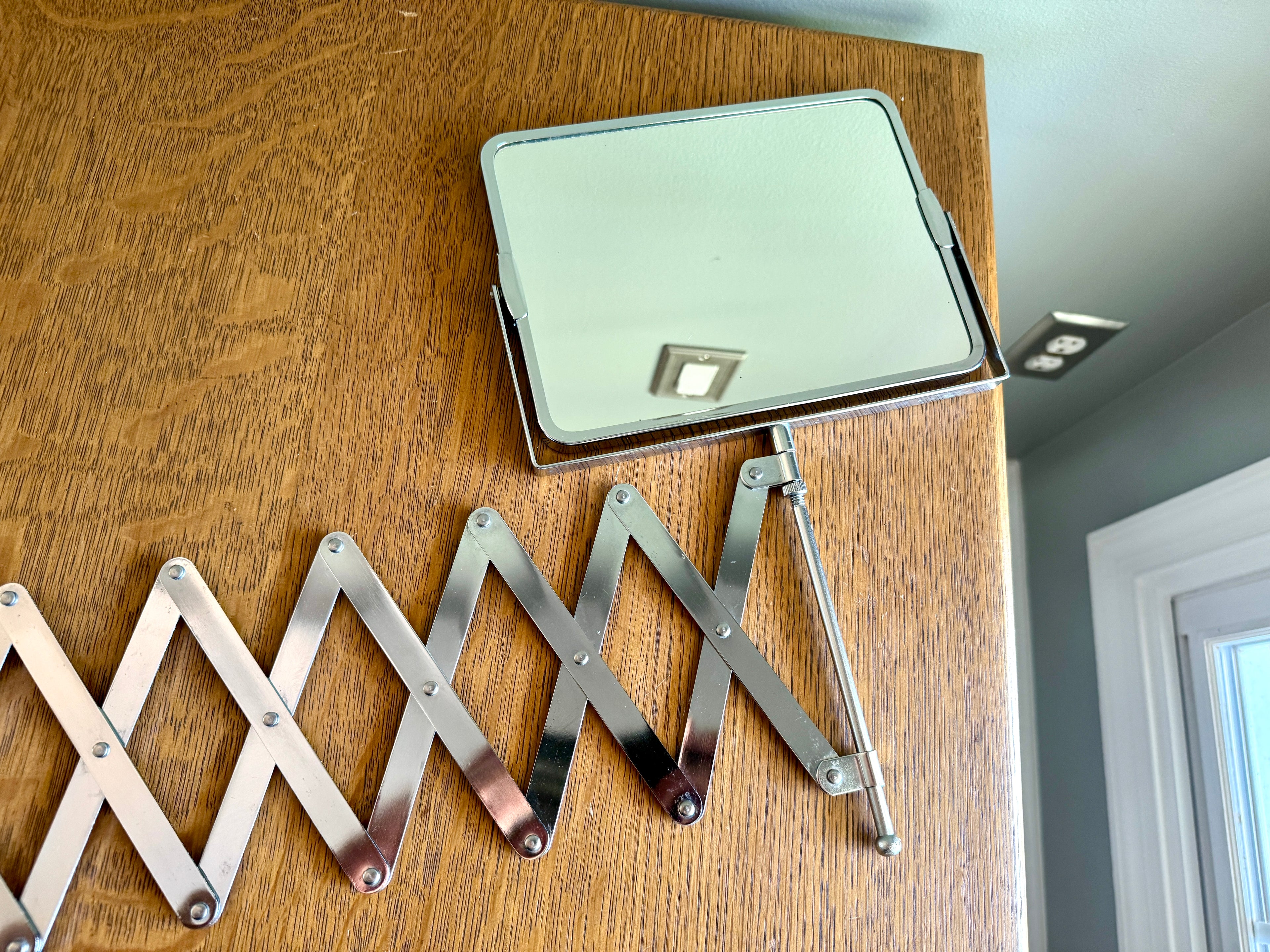 Vtg Extended Accordion/Scissor Chrome Rectangular Bathroom Mirror - Shaving/Barber Wall Mirror - Magnification Side