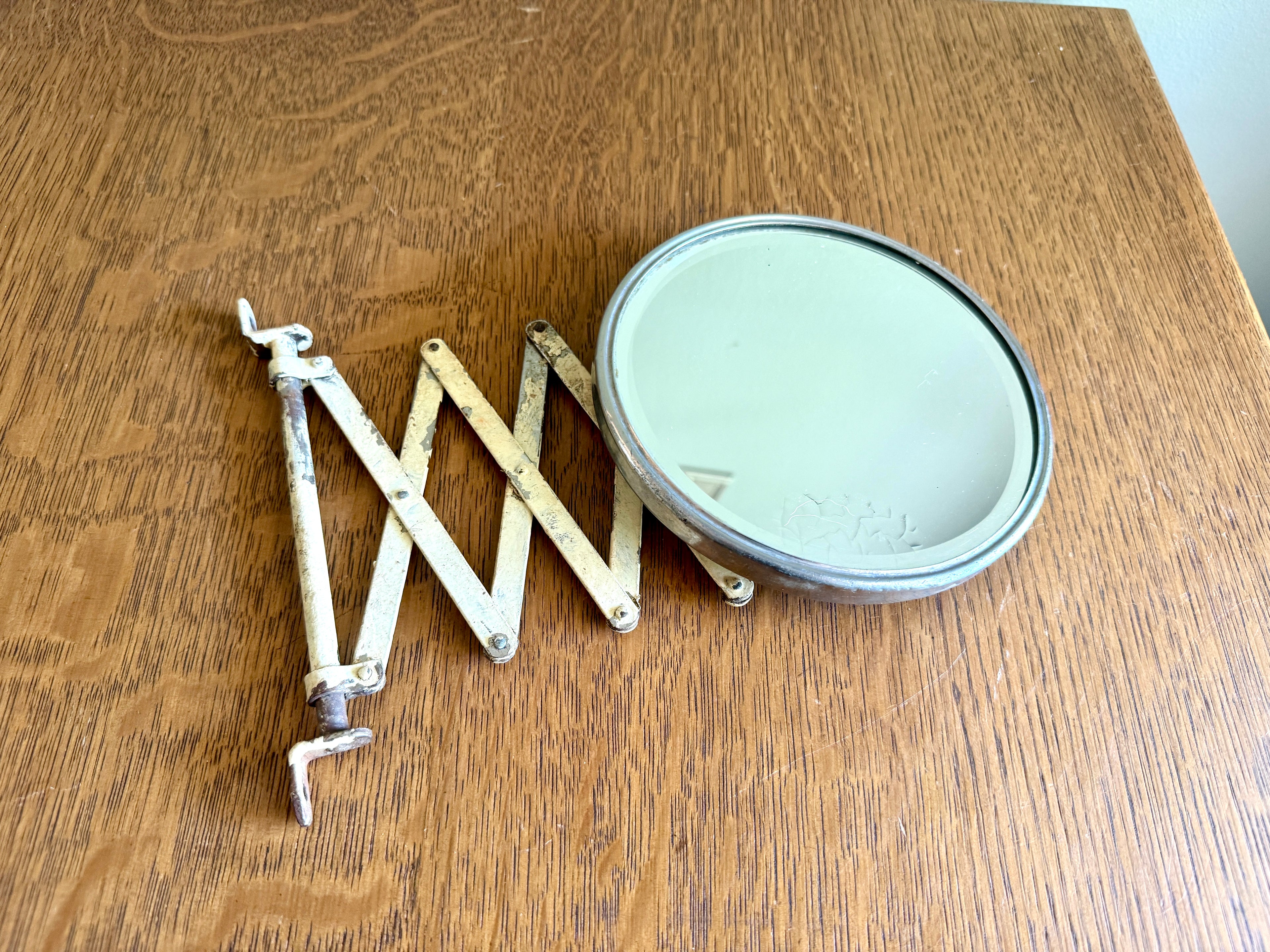 Vtg Distressed Accordion-style Extendable Shaving Mirror, Accordian Beveled Round Patina Mirror