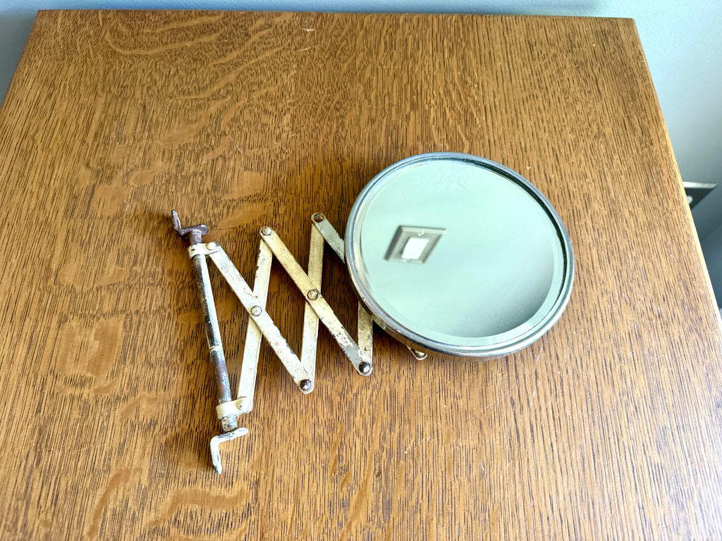 Vtg Distressed Accordion-style Extendable Shaving Mirror, Accordian Beveled Round Patina Mirror