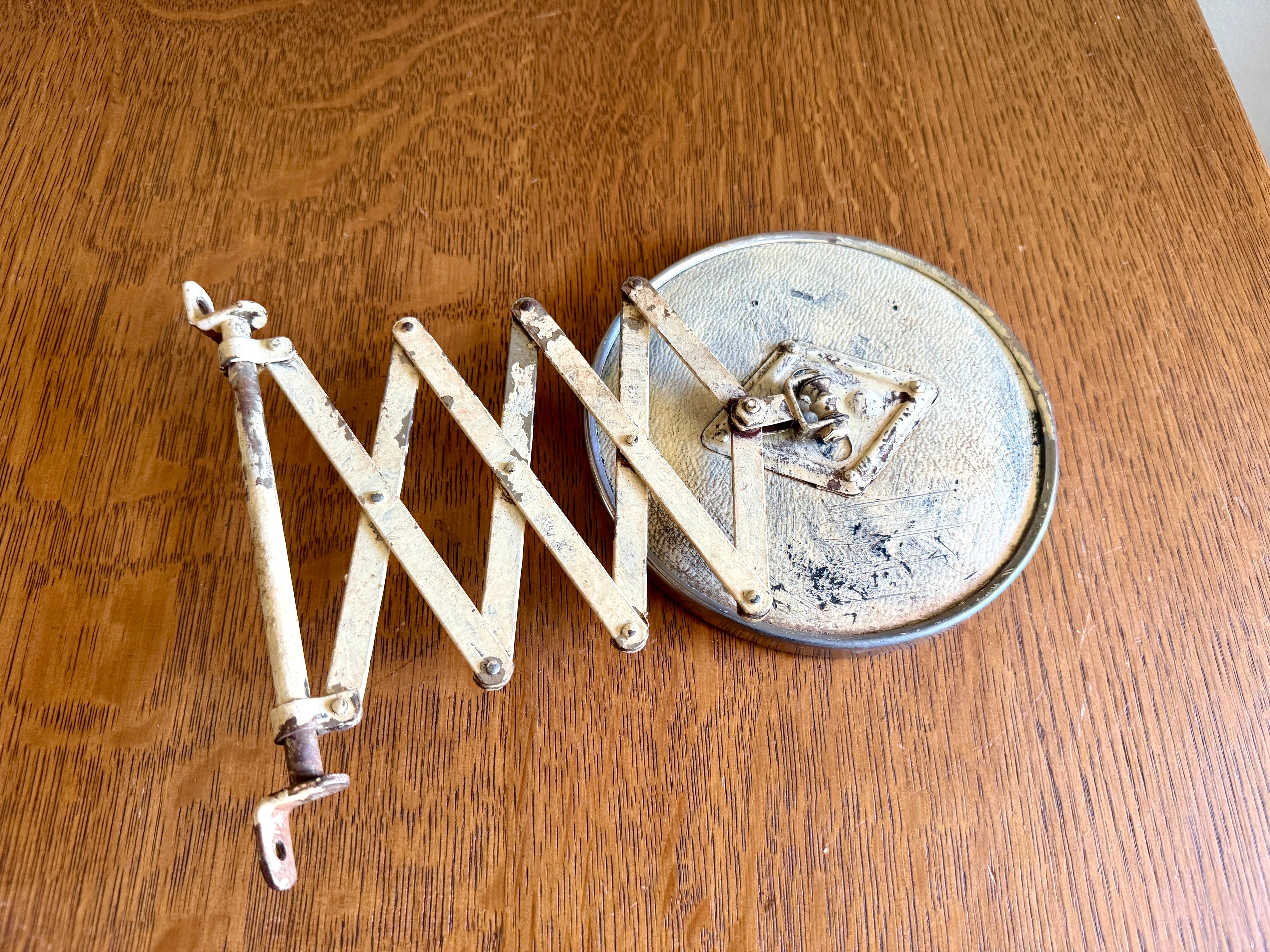 Vtg Distressed Accordion-style Extendable Shaving Mirror, Accordian Beveled Round Patina Mirror