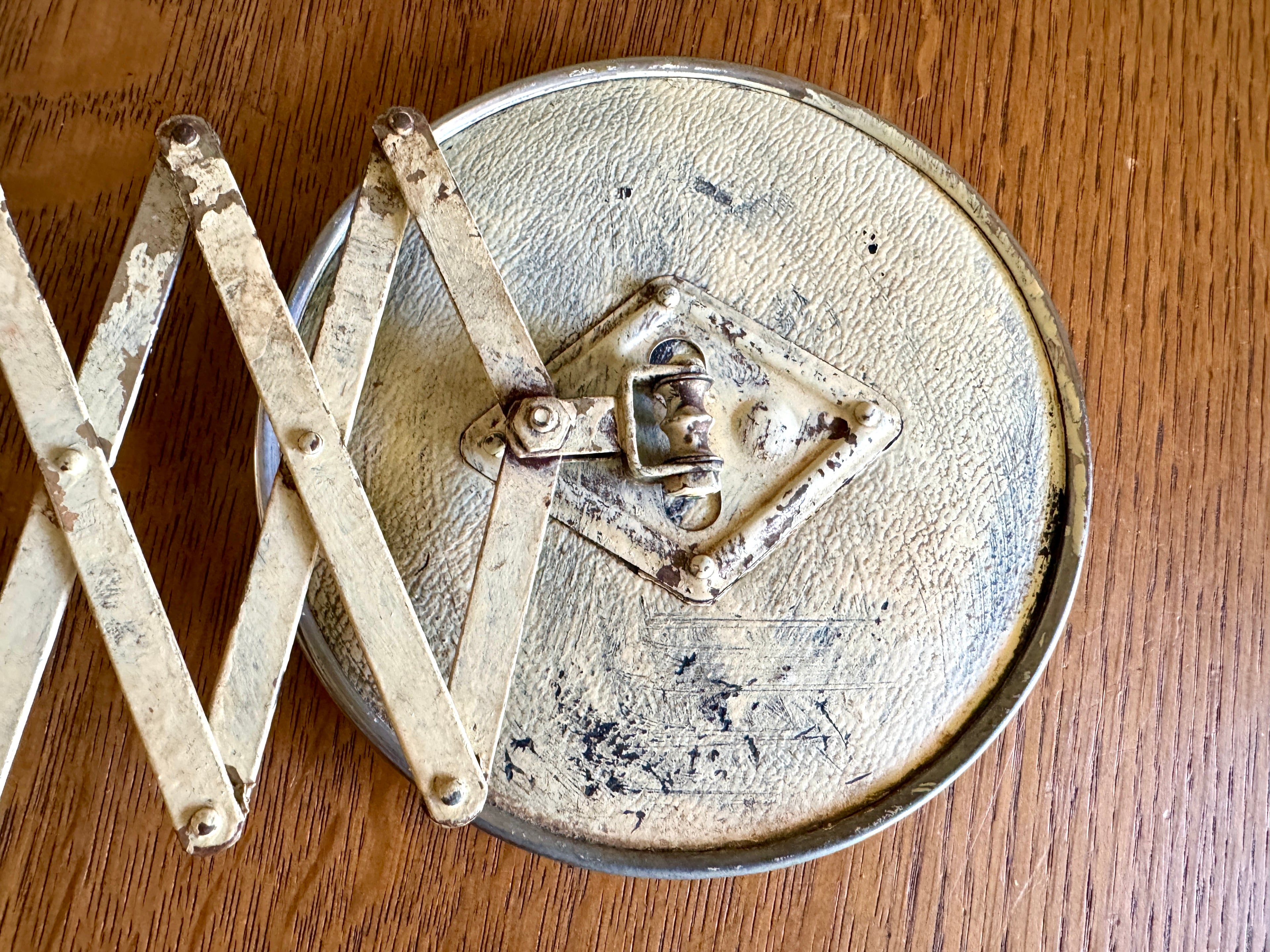 Vtg Distressed Accordion-style Extendable Shaving Mirror, Accordian Beveled Round Patina Mirror