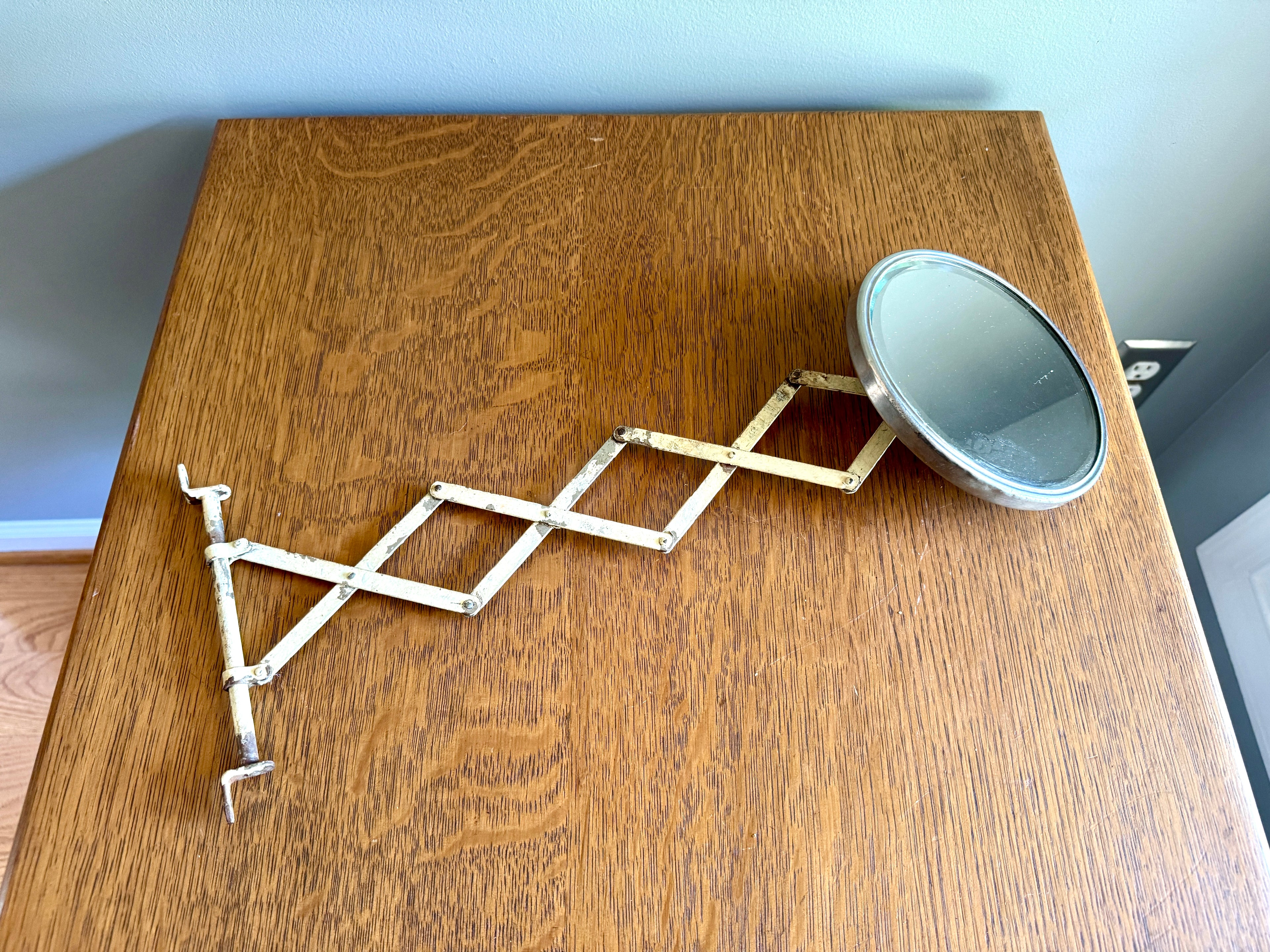 Vtg Distressed Accordion-style Extendable Shaving Mirror, Accordian Beveled Round Patina Mirror