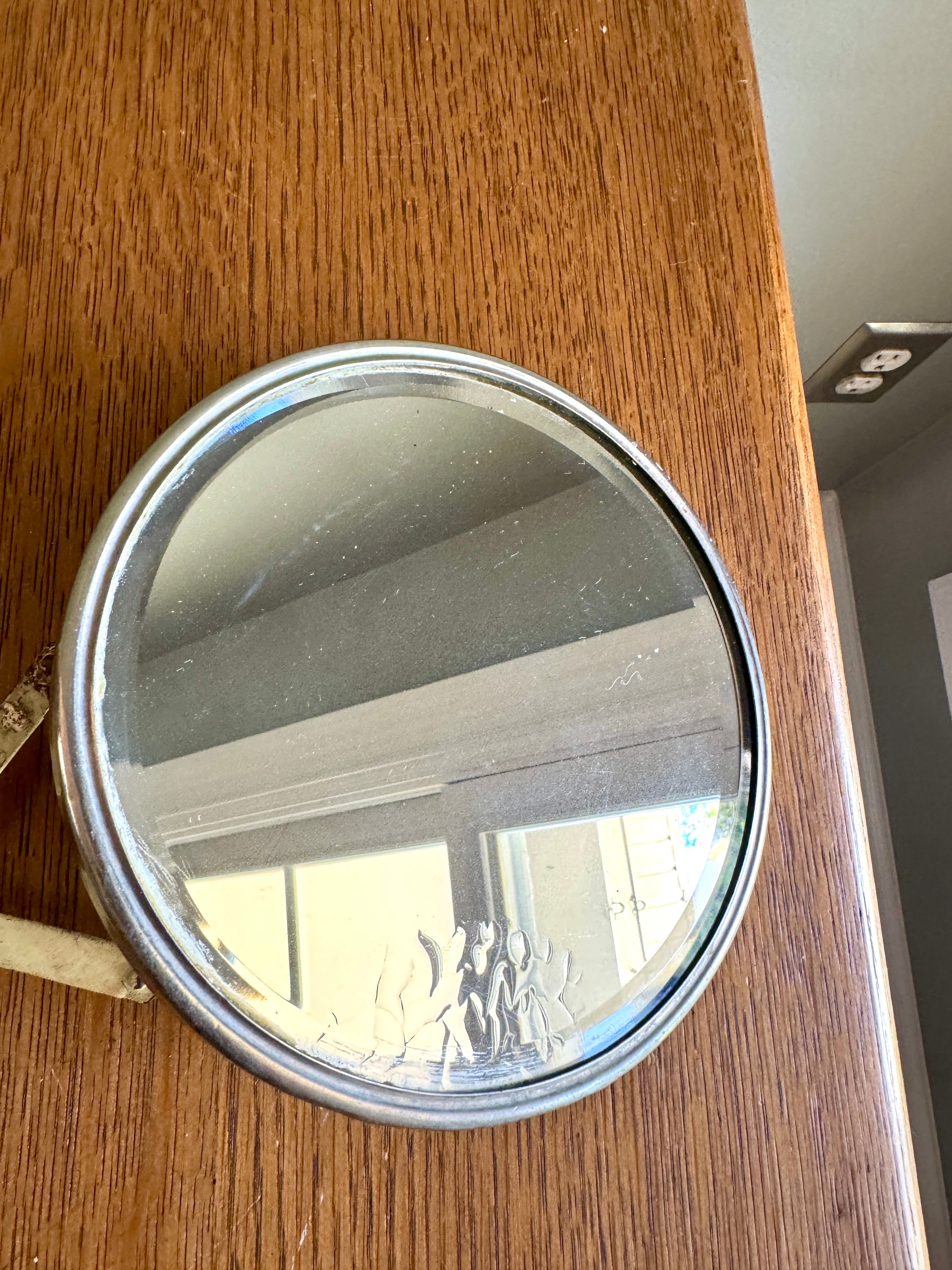Vtg Distressed Accordion-style Extendable Shaving Mirror, Accordian Beveled Round Patina Mirror