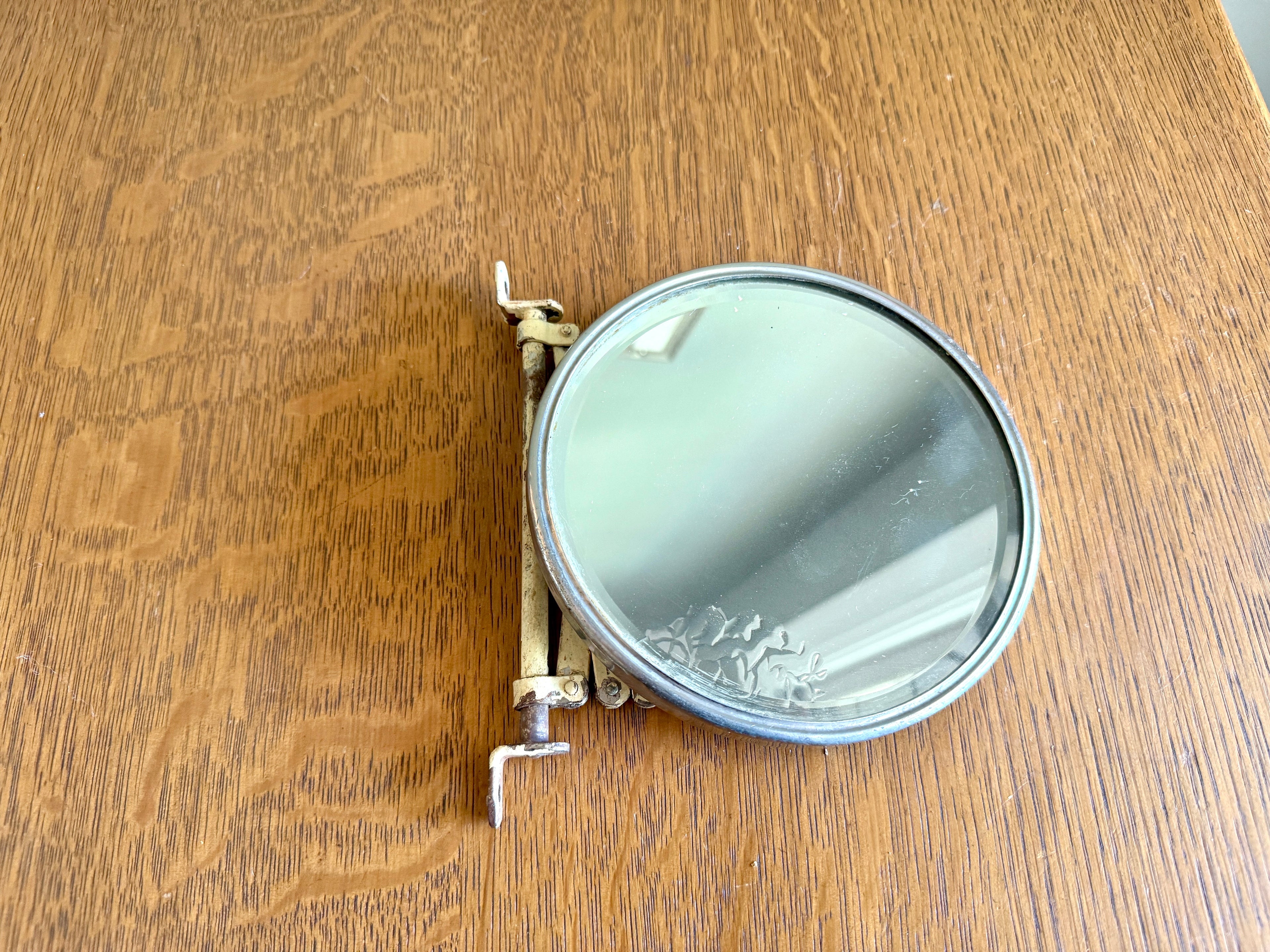 Vtg Distressed Accordion-style Extendable Shaving Mirror, Accordian Beveled Round Patina Mirror