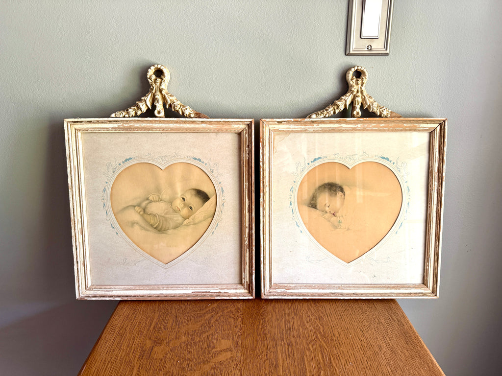 A Pair of Antique Framed Bessie Pease Gutman "Heavens Gift" & " A Little Dream " Prints ~ Heart Matting