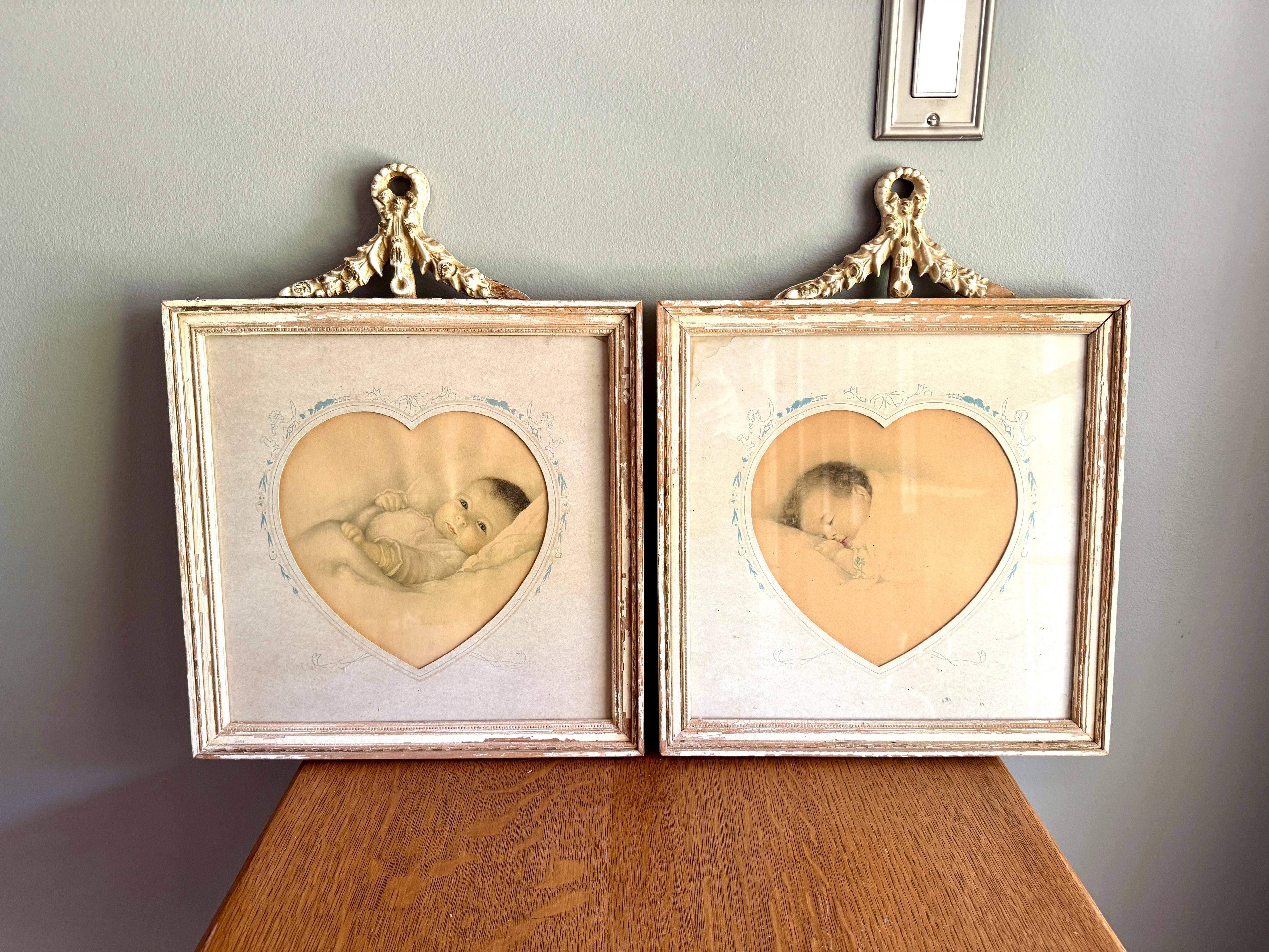 A Pair of Antique Framed Bessie Pease Gutman "Heavens Gift" & " A Little Dream " Prints ~ Heart Matting