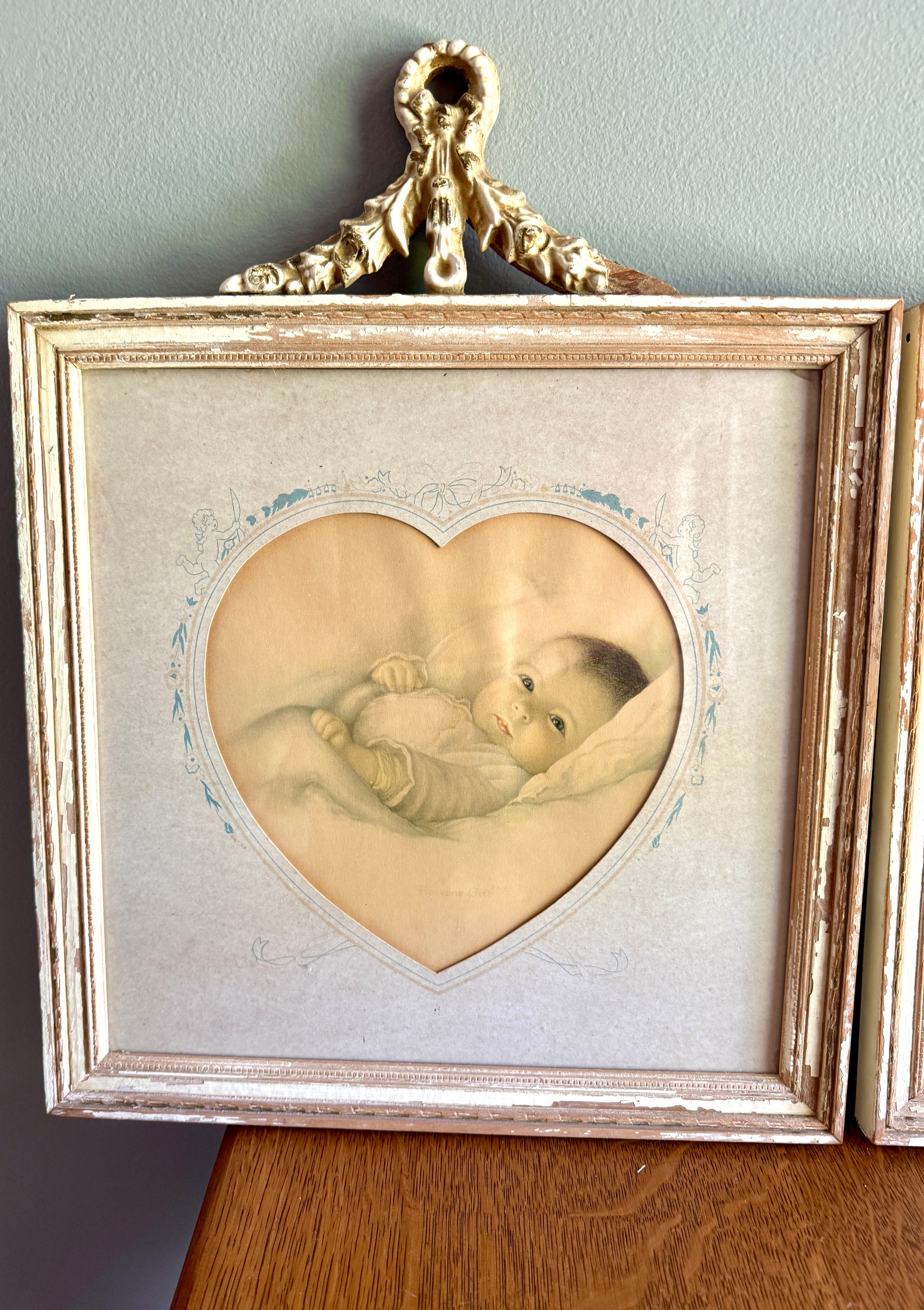 A Pair of Antique Framed Bessie Pease Gutman "Heavens Gift" & " A Little Dream " Prints ~ Heart Matting