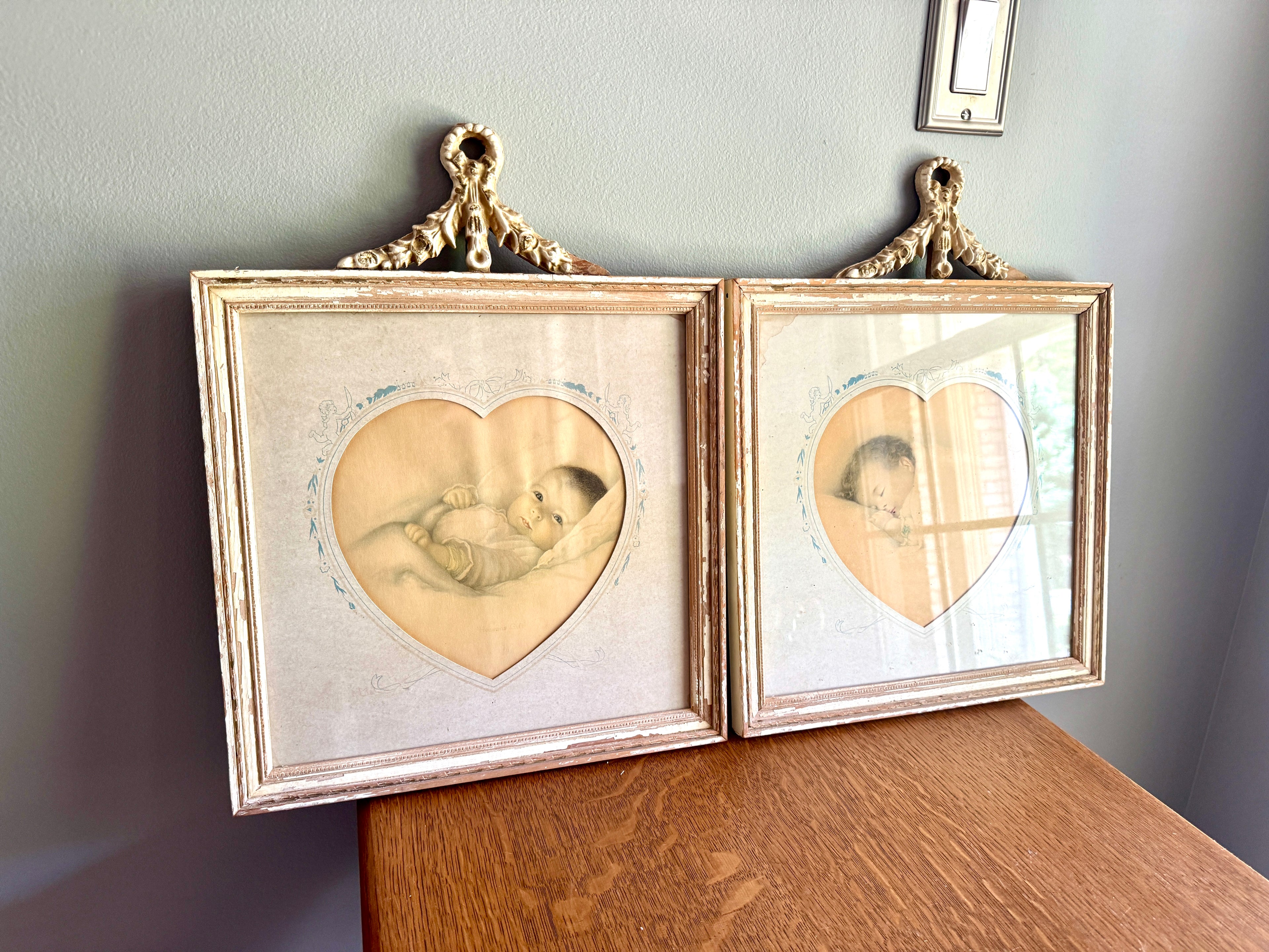 A Pair of Antique Framed Bessie Pease Gutman "Heavens Gift" & " A Little Dream " Prints ~ Heart Matting