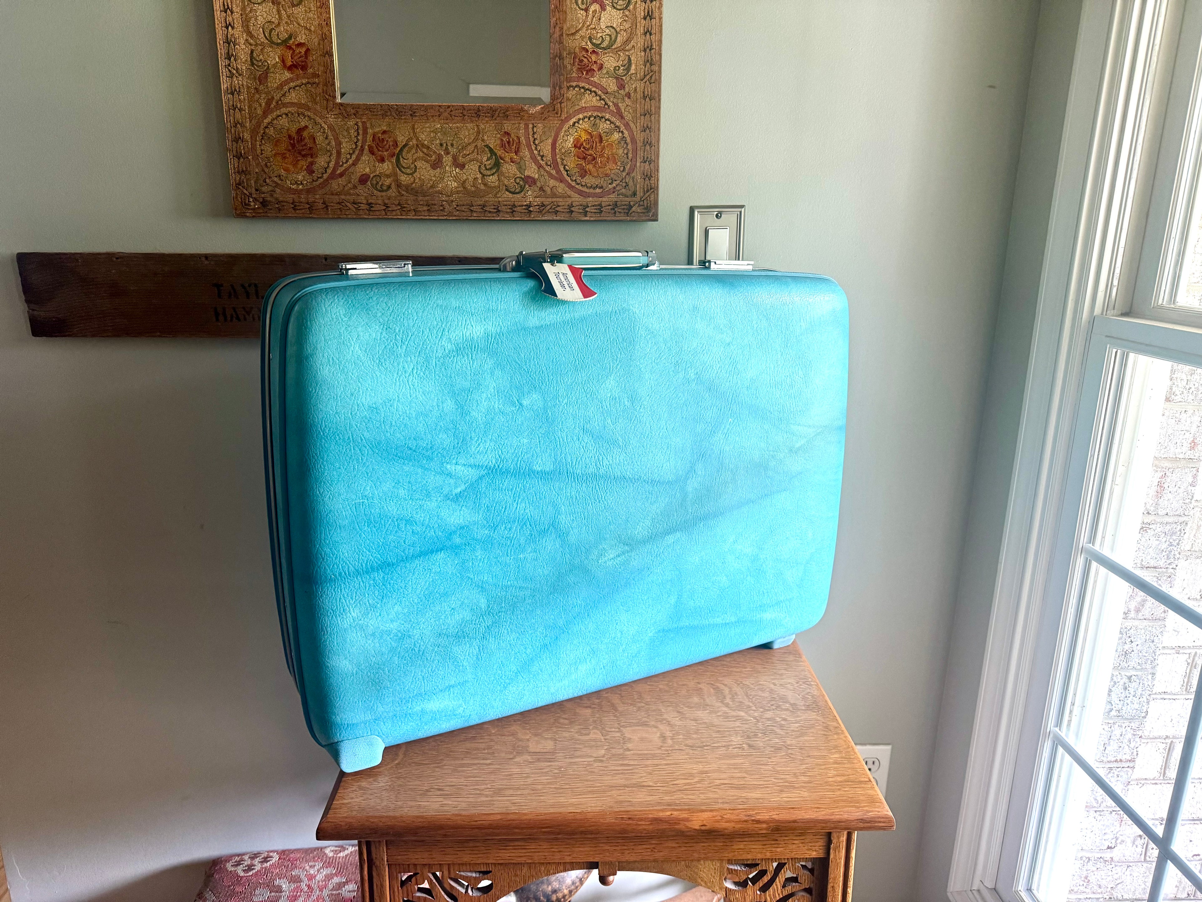 Vintage American Tourister Turquoise Marbled Luggage| American Tourister Suitcase| X-Large Size A/T Escort Suitcase| Turquoise Blue Suitcase