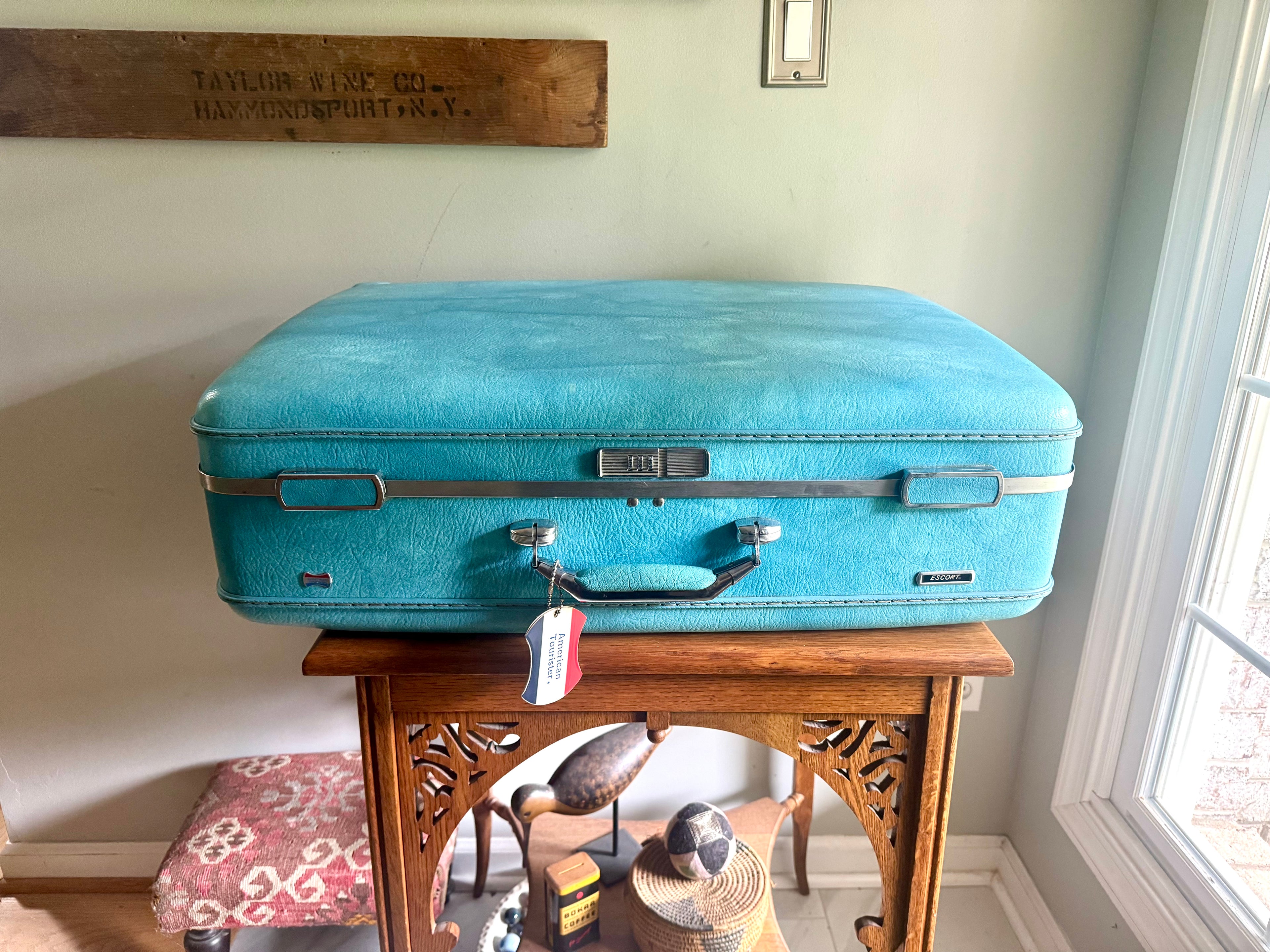 Vintage American Tourister Turquoise Marbled Luggage| American Tourister Suitcase| X-Large Size A/T Escort Suitcase| Turquoise Blue Suitcase