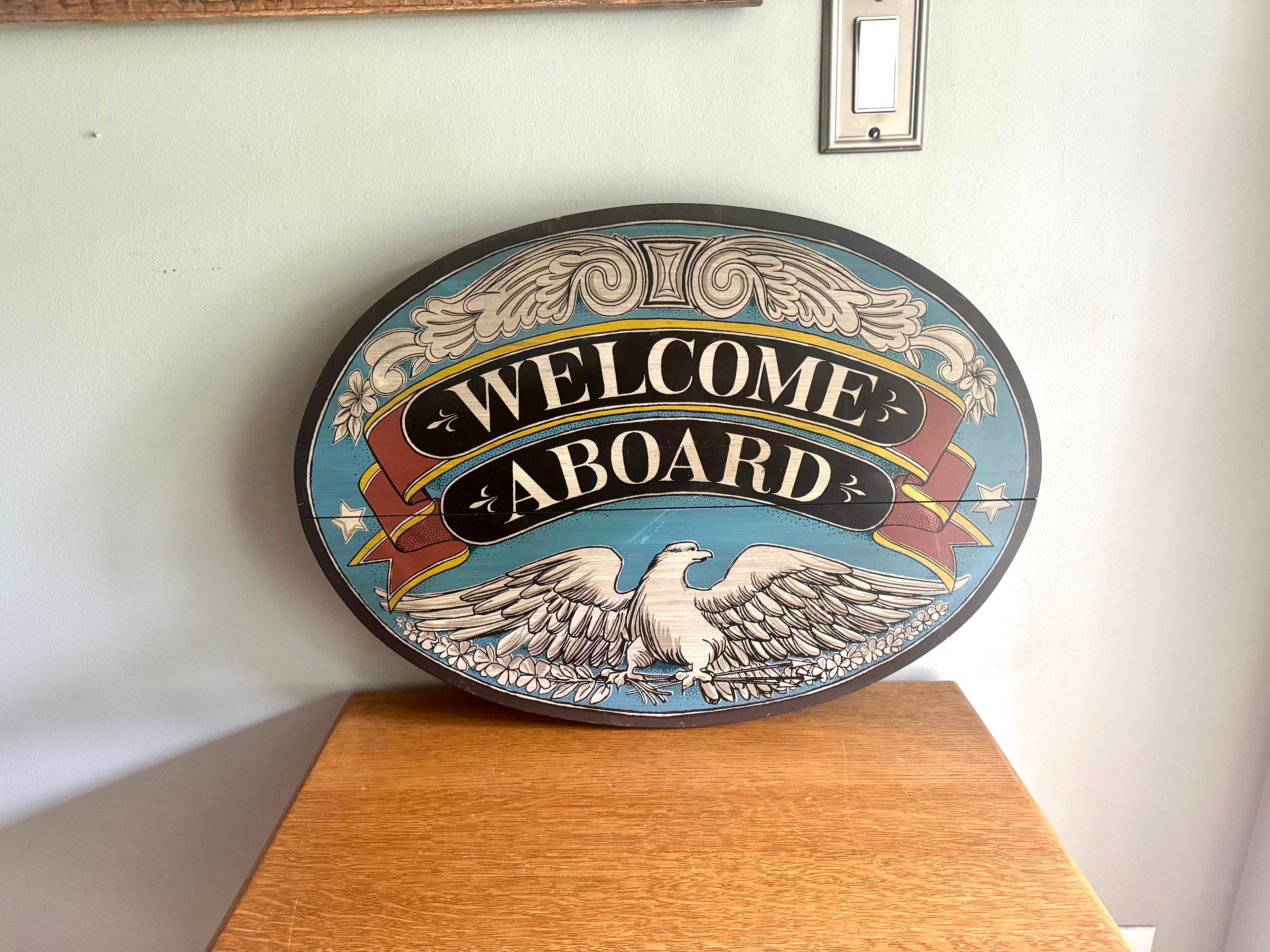 Vintage 1960's Yorkraft Wood "Welcome Aboard" Sign | Rustic Maritime Naval Decor | Hand Crafted Wooden Nautical Sign | Eagle Welcome Aboard