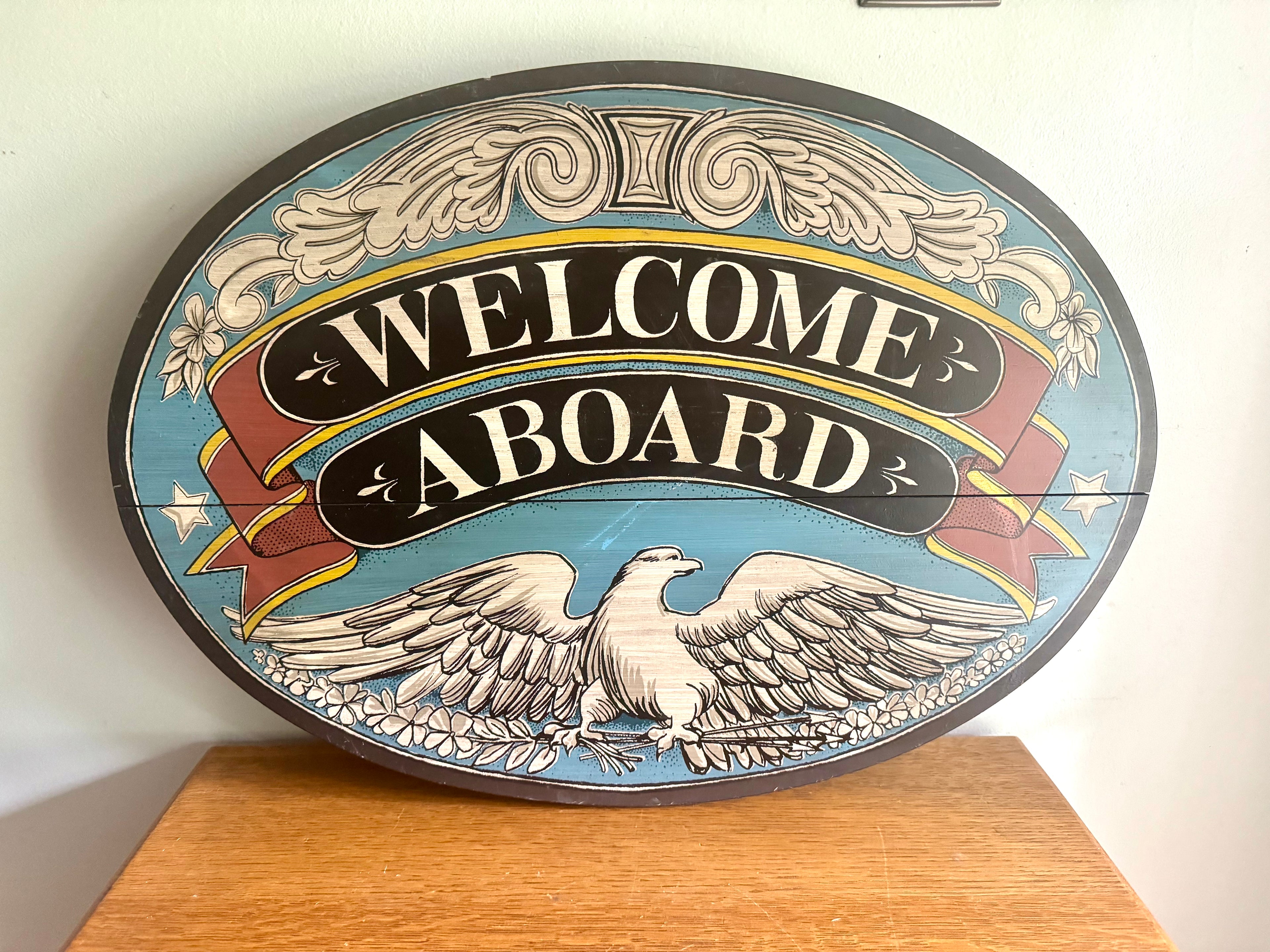 Vintage 1960's Yorkraft Wood "Welcome Aboard" Sign | Rustic Maritime Naval Decor | Hand Crafted Wooden Nautical Sign | Eagle Welcome Aboard