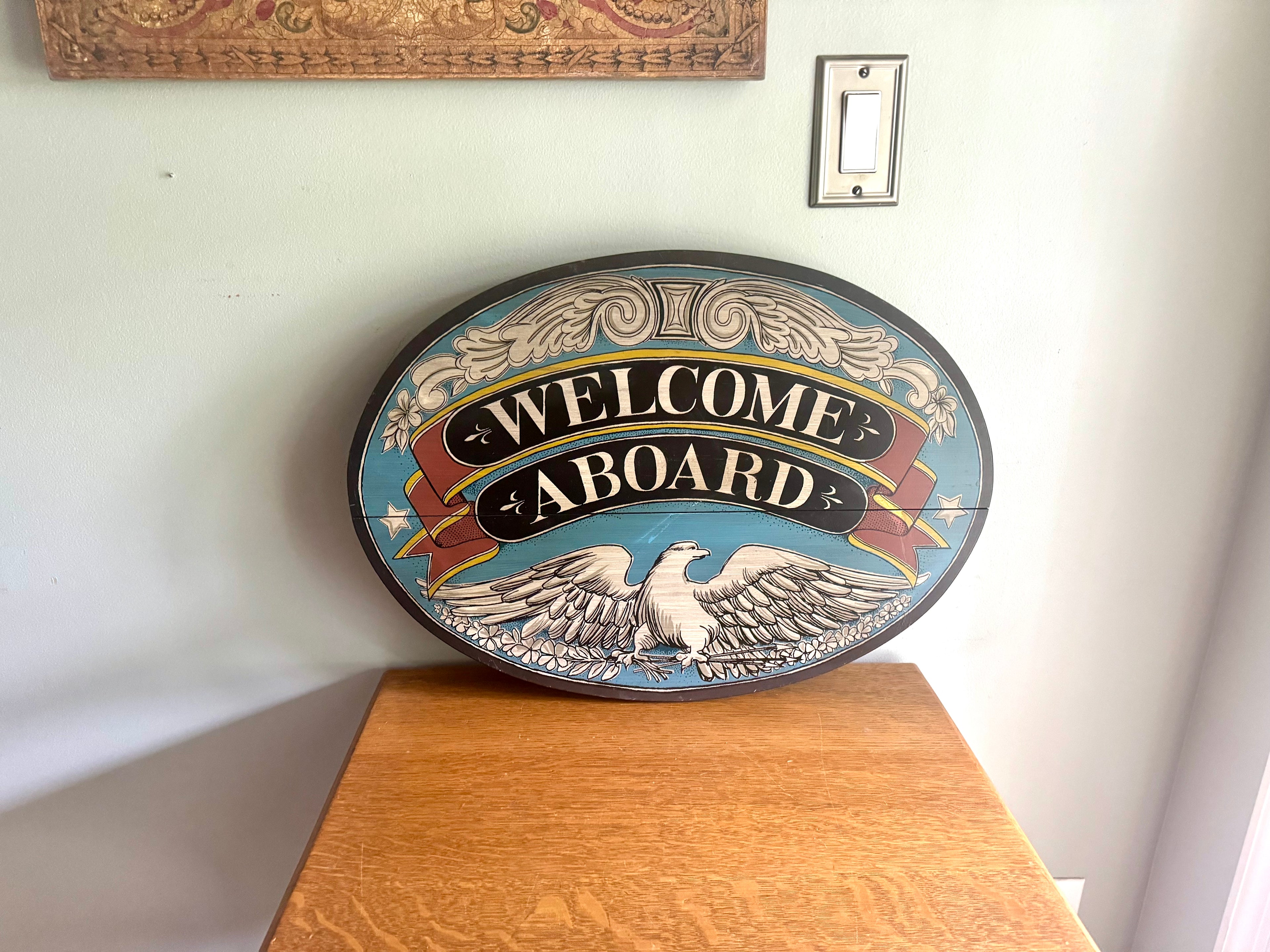 Vintage 1960's Yorkraft Wood "Welcome Aboard" Sign | Rustic Maritime Naval Decor | Hand Crafted Wooden Nautical Sign | Eagle Welcome Aboard