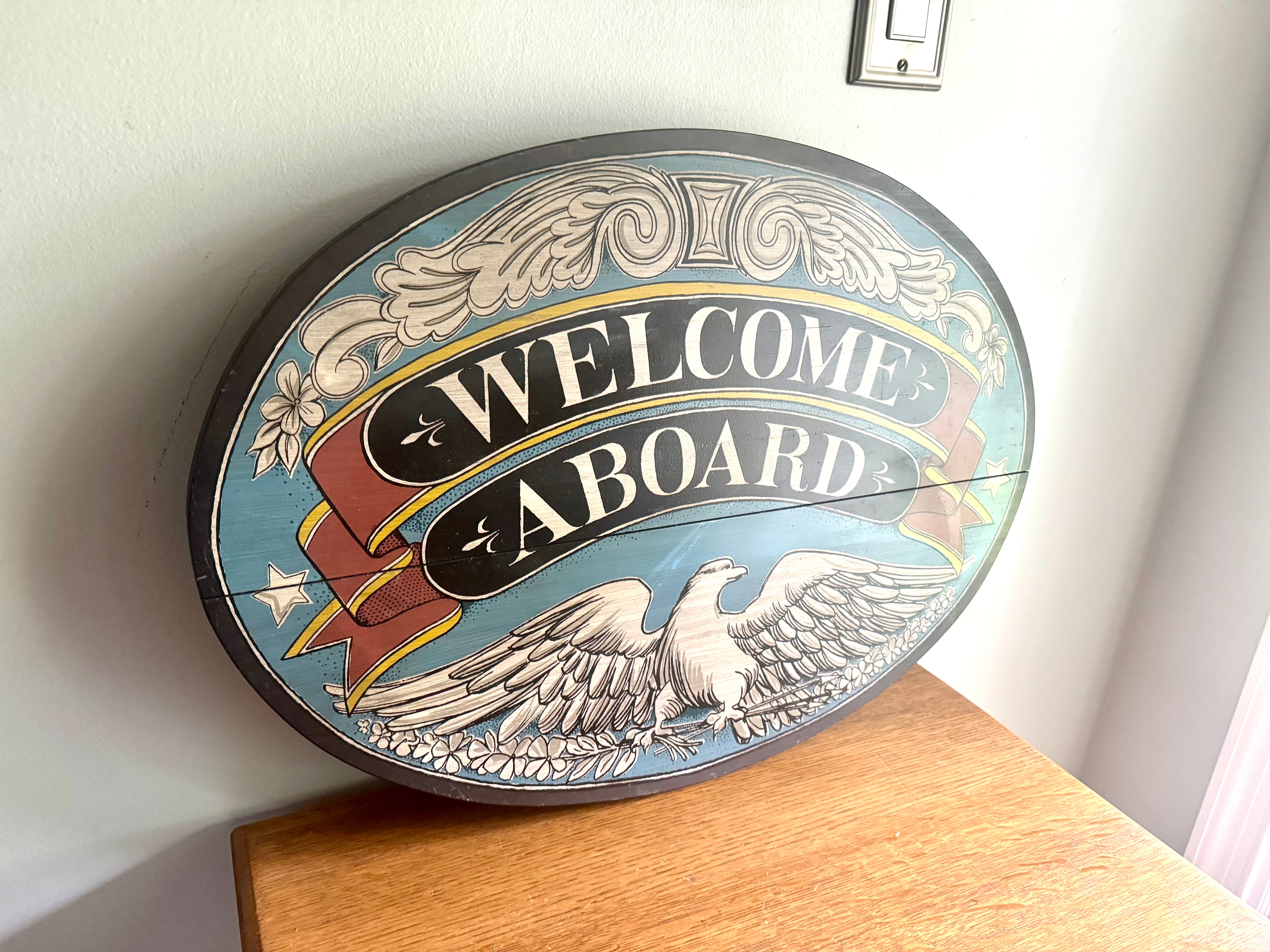 Vintage 1960's Yorkraft Wood "Welcome Aboard" Sign | Rustic Maritime Naval Decor | Hand Crafted Wooden Nautical Sign | Eagle Welcome Aboard