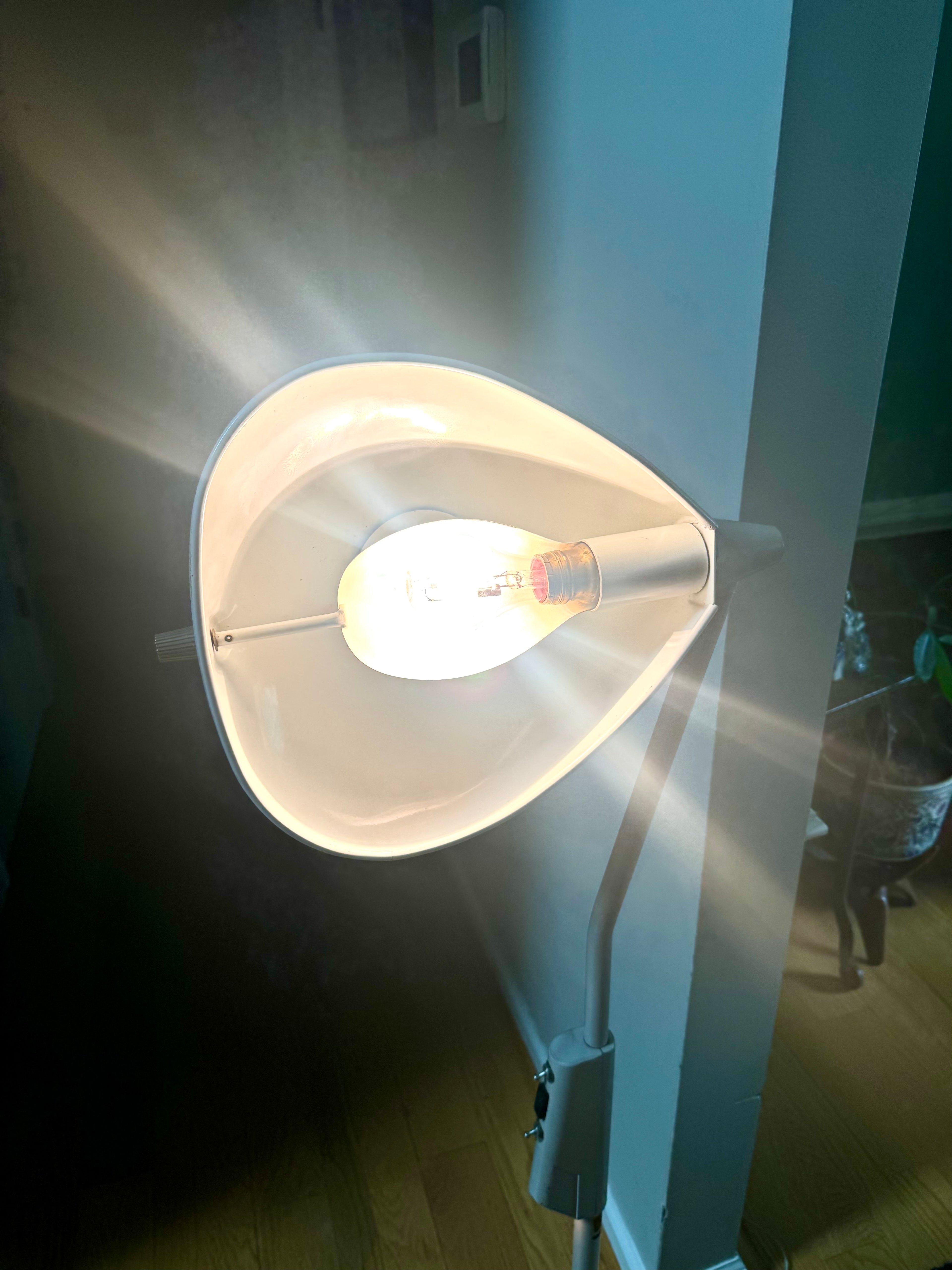 Vintage Hill Rom Co. Medical Lamp | White Hooded Adjustable Floor Lamp | Hill Rom Co.  No. 306 Medical Lamp | Industrial Dimmable Lamp