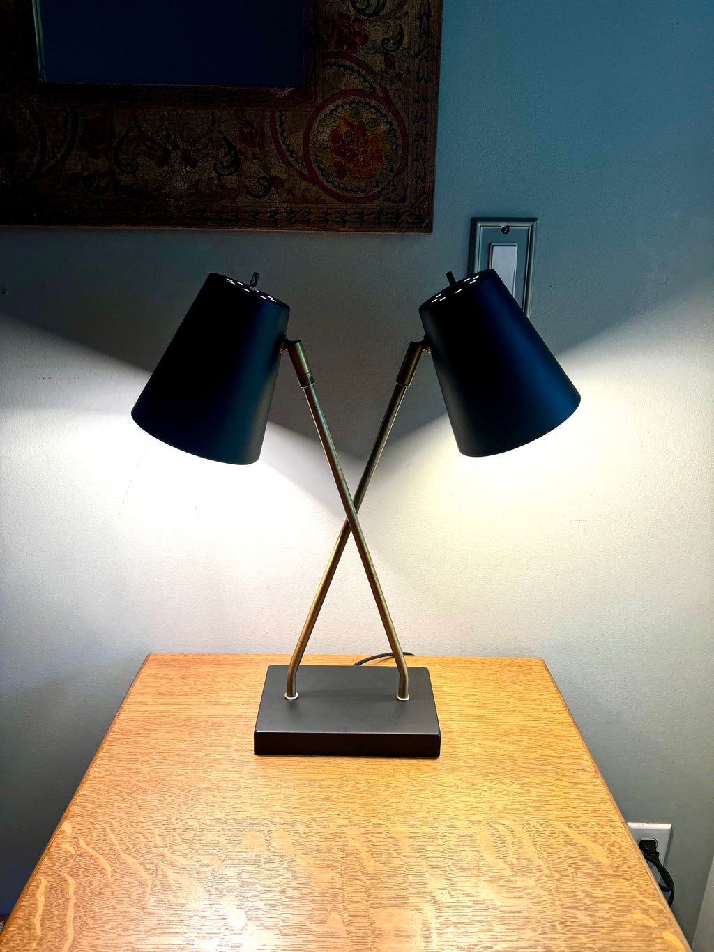 Vintage MCM Style Double Shade Desk Lamp | Black and Gold Double Shade Lamp | Double Fixture Desk Lamp | Atomic Double Adjustable Shade Lamp