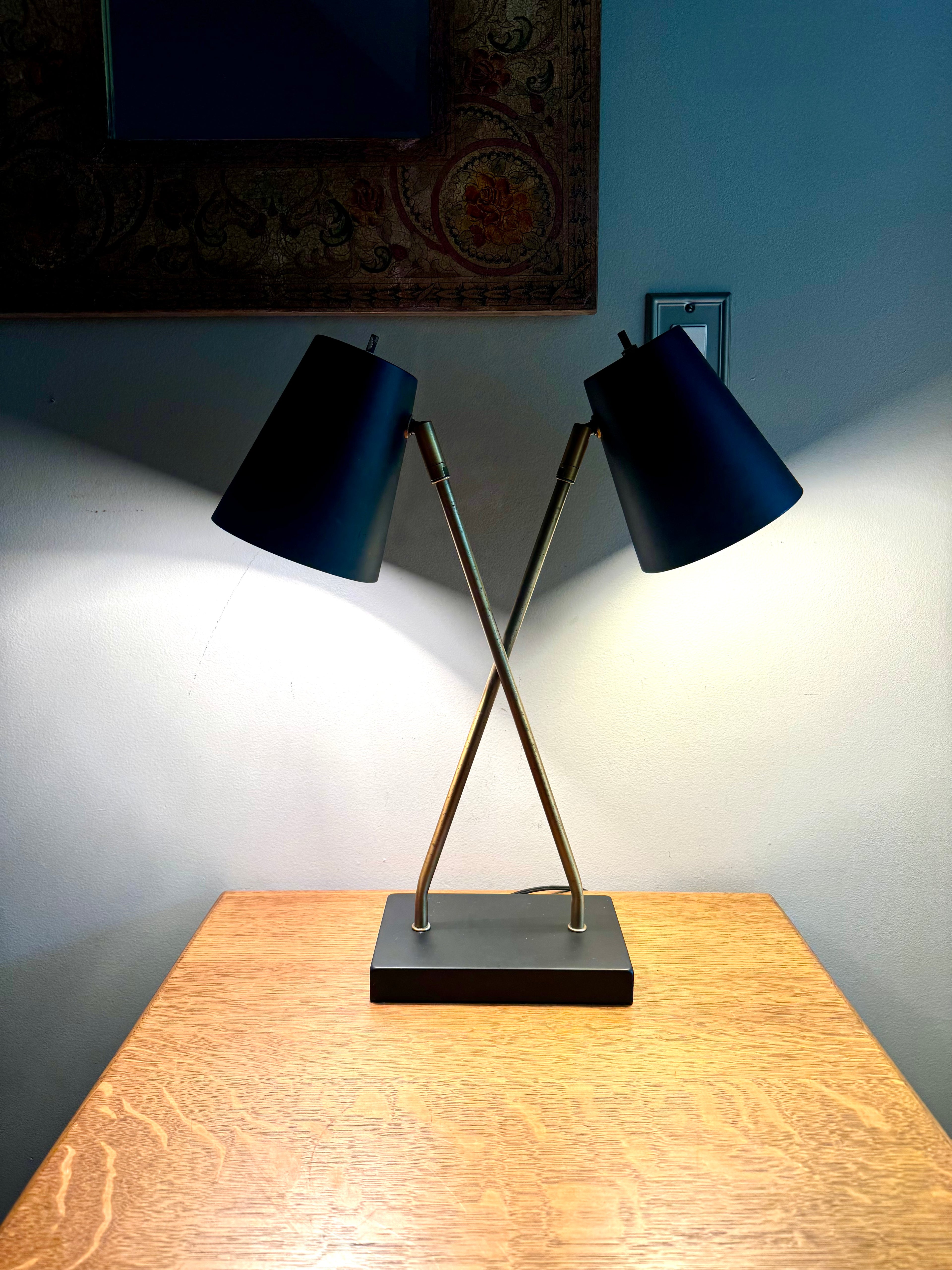 Vintage MCM Style Double Shade Desk Lamp | Black and Gold Double Shade Lamp | Double Fixture Desk Lamp | Atomic Double Adjustable Shade Lamp