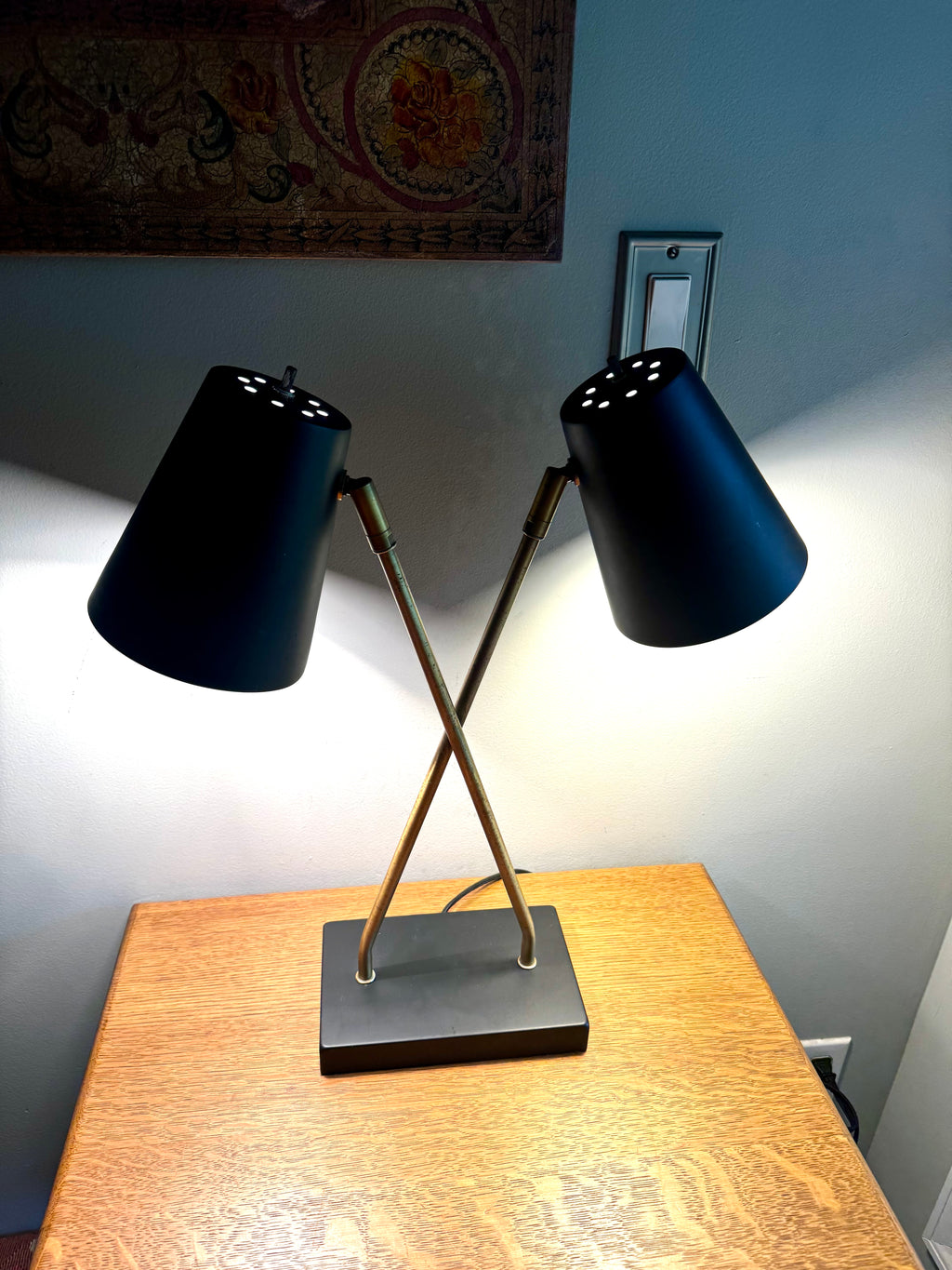 Vintage MCM Style Double Shade Desk Lamp | Black and Gold Double Shade Lamp | Double Fixture Desk Lamp | Atomic Double Adjustable Shade Lamp