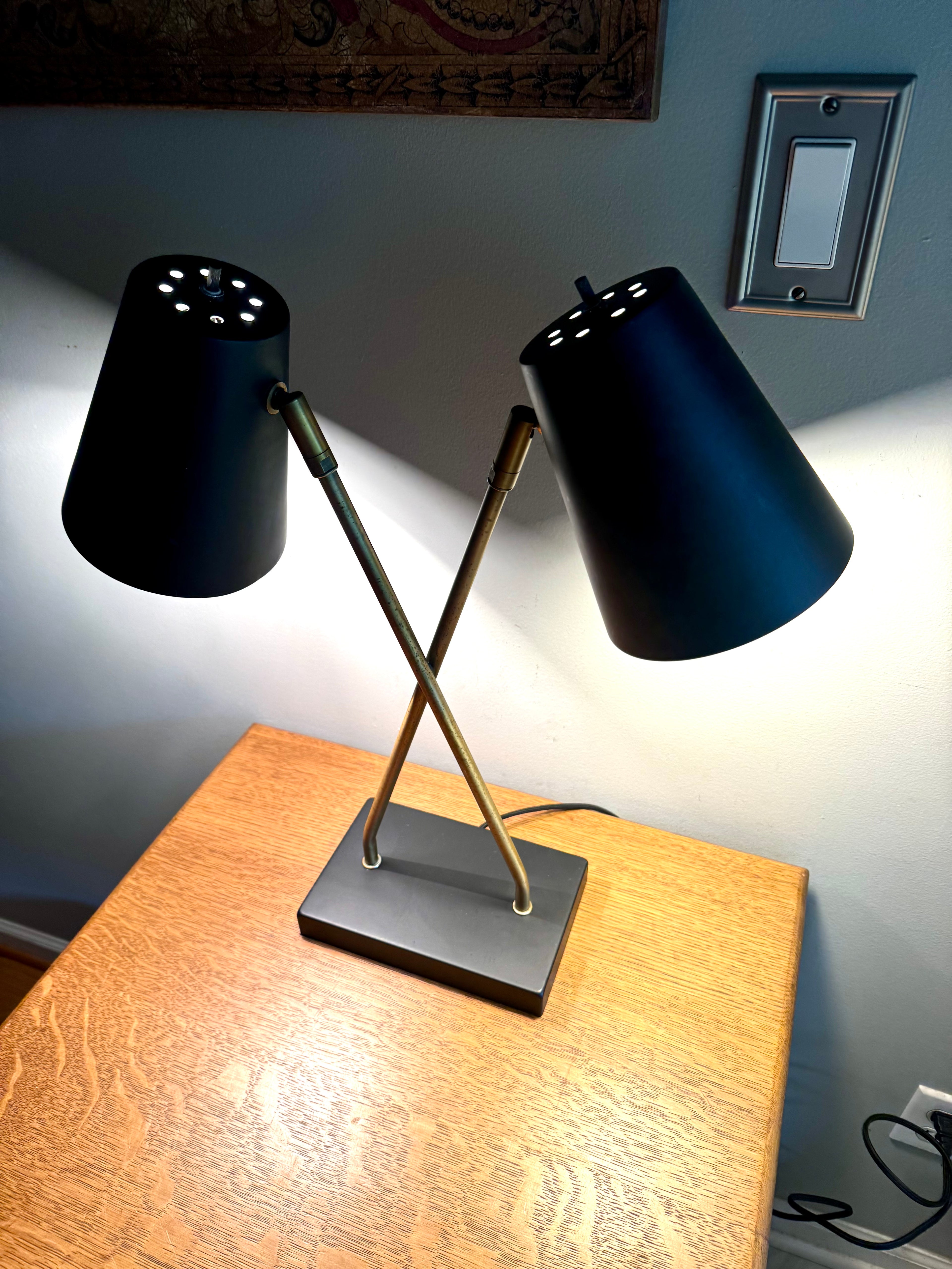 Vintage MCM Style Double Shade Desk Lamp | Black and Gold Double Shade Lamp | Double Fixture Desk Lamp | Atomic Double Adjustable Shade Lamp