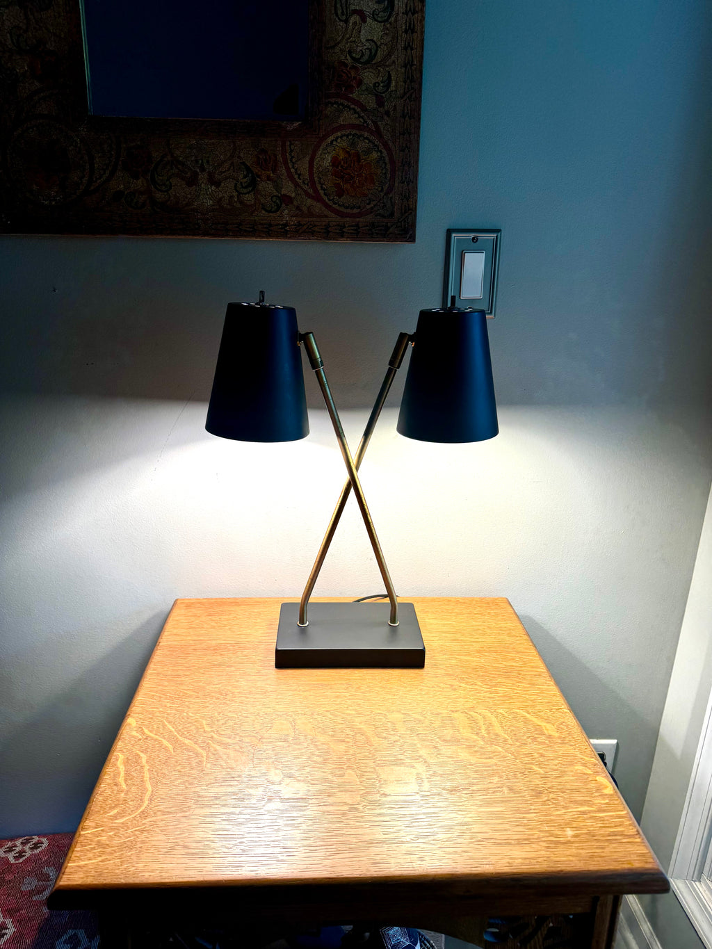 Vintage MCM Style Double Shade Desk Lamp | Black and Gold Double Shade Lamp | Double Fixture Desk Lamp | Atomic Double Adjustable Shade Lamp