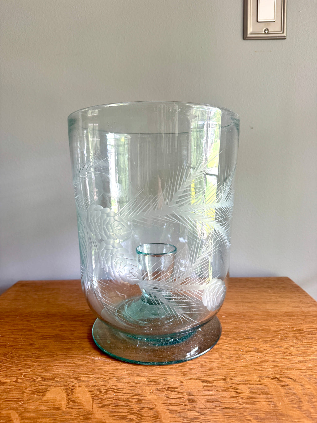 Vtg Large Etched Glass Hurricane Candle Holder ~ Handblown Footed Sea Green Glass Candleholder