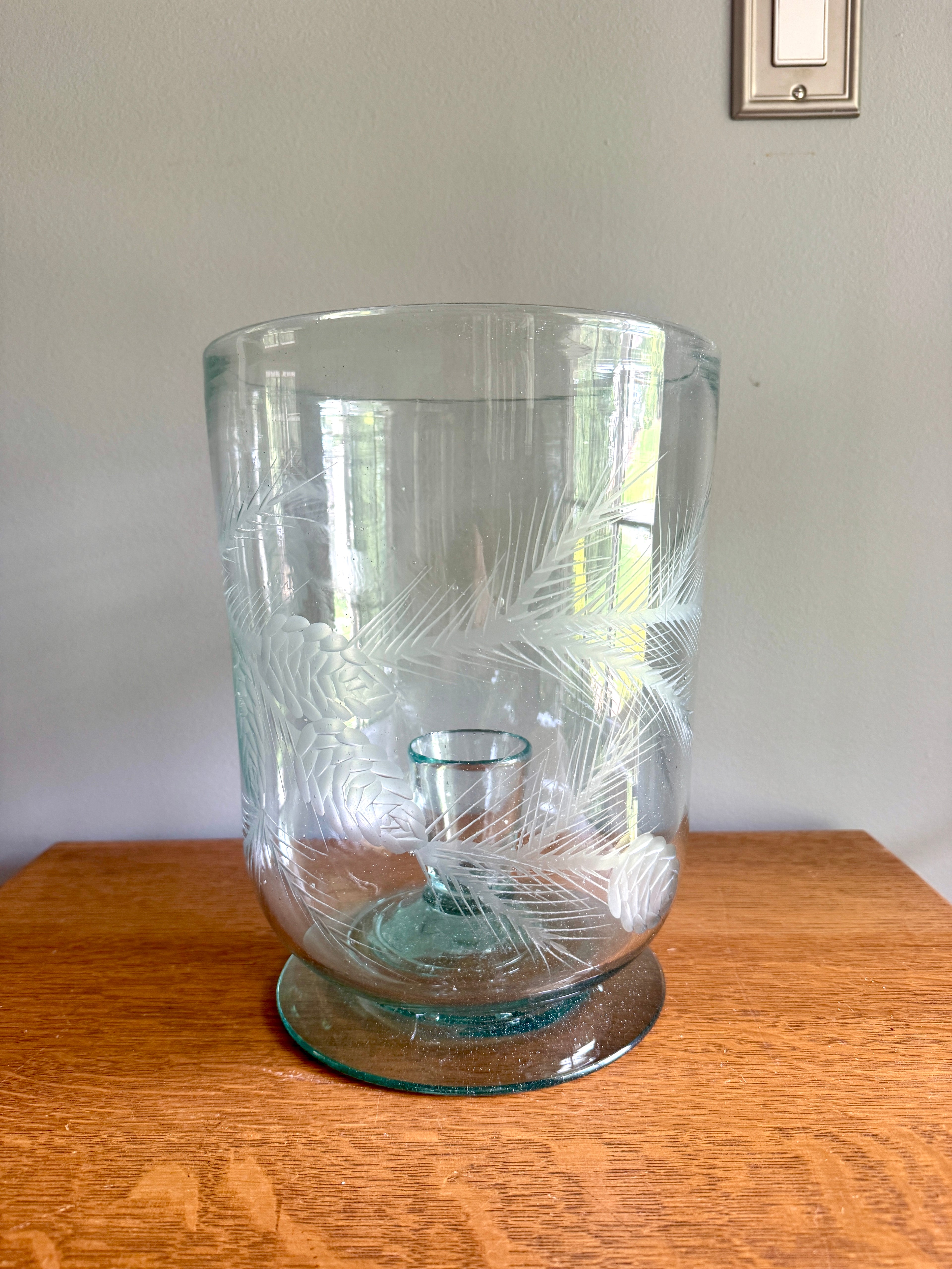 Vtg Large Etched Glass Hurricane Candle Holder ~ Handblown Footed Sea Green Glass Candleholder