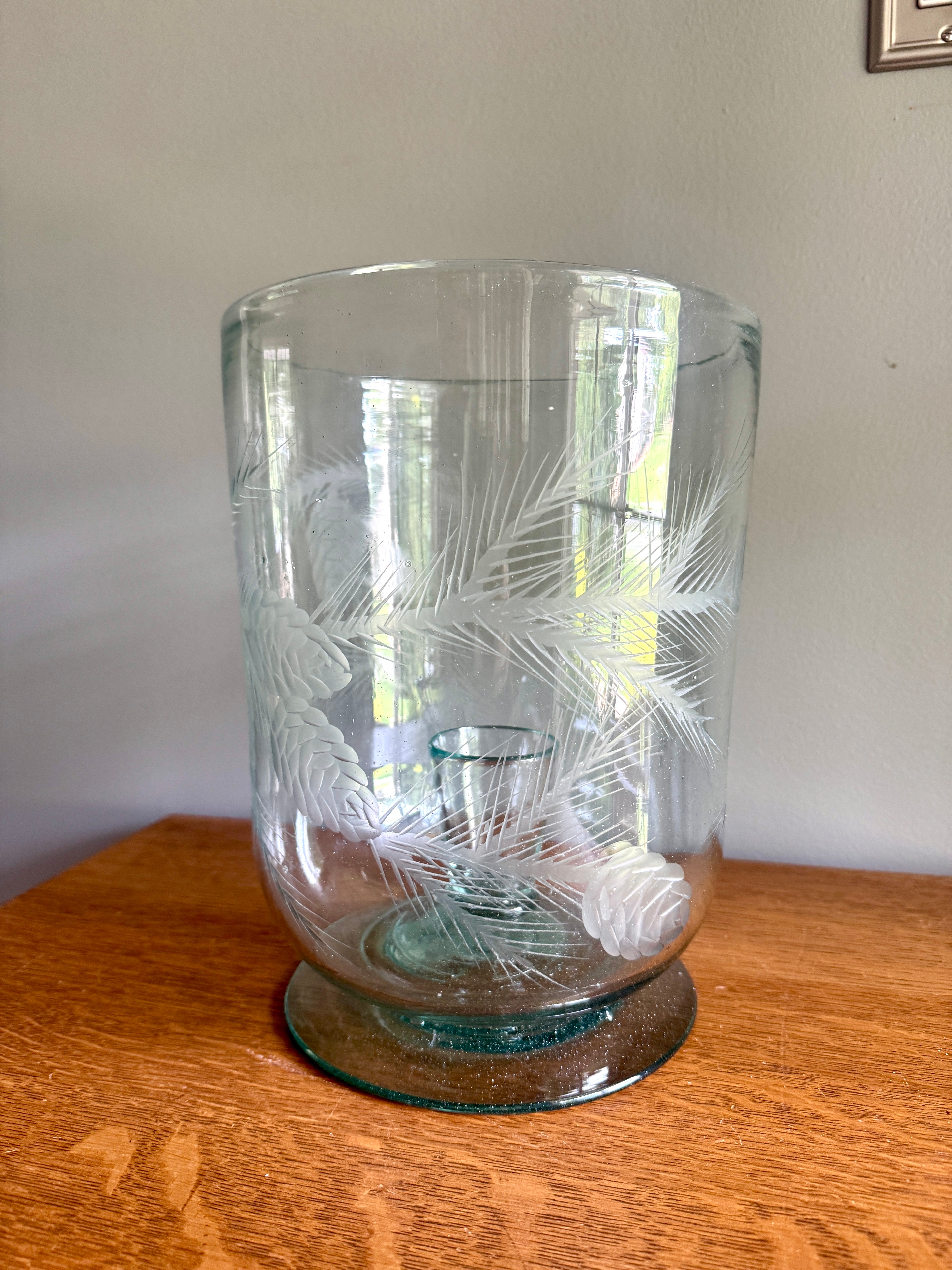 Vtg Large Etched Glass Hurricane Candle Holder ~ Handblown Footed Sea Green Glass Candleholder