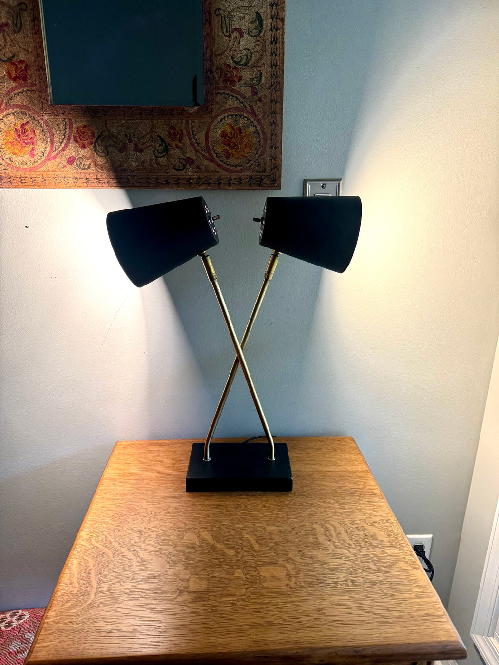 Vintage MCM Style Double Shade Desk Lamp | Black and Gold Double Shade Lamp | Double Fixture Desk Lamp | Atomic Double Adjustable Shade Lamp