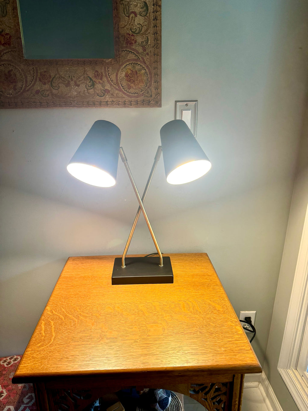 Vintage MCM Style Double Shade Desk Lamp | Black and Gold Double Shade Lamp | Double Fixture Desk Lamp | Atomic Double Adjustable Shade Lamp