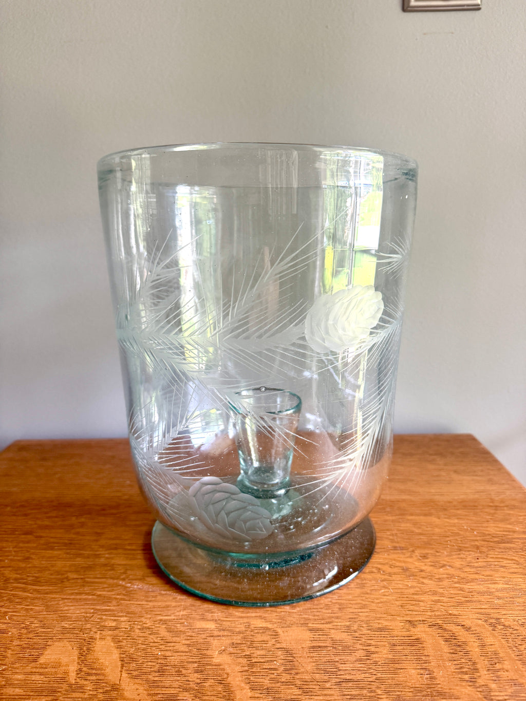 Vtg Large Etched Glass Hurricane Candle Holder ~ Handblown Footed Sea Green Glass Candleholder