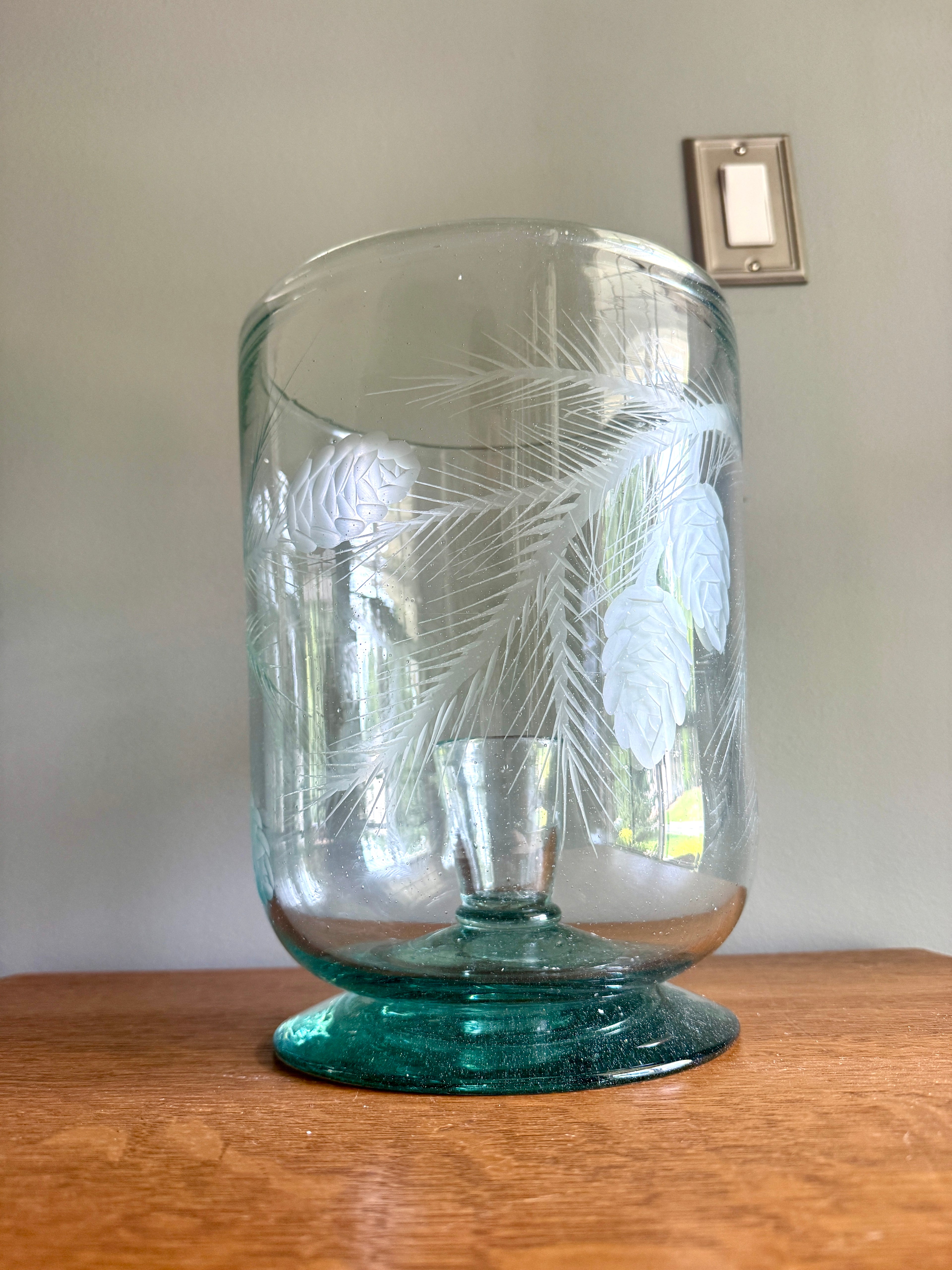 Vtg Large Etched Glass Hurricane Candle Holder ~ Handblown Footed Sea Green Glass Candleholder