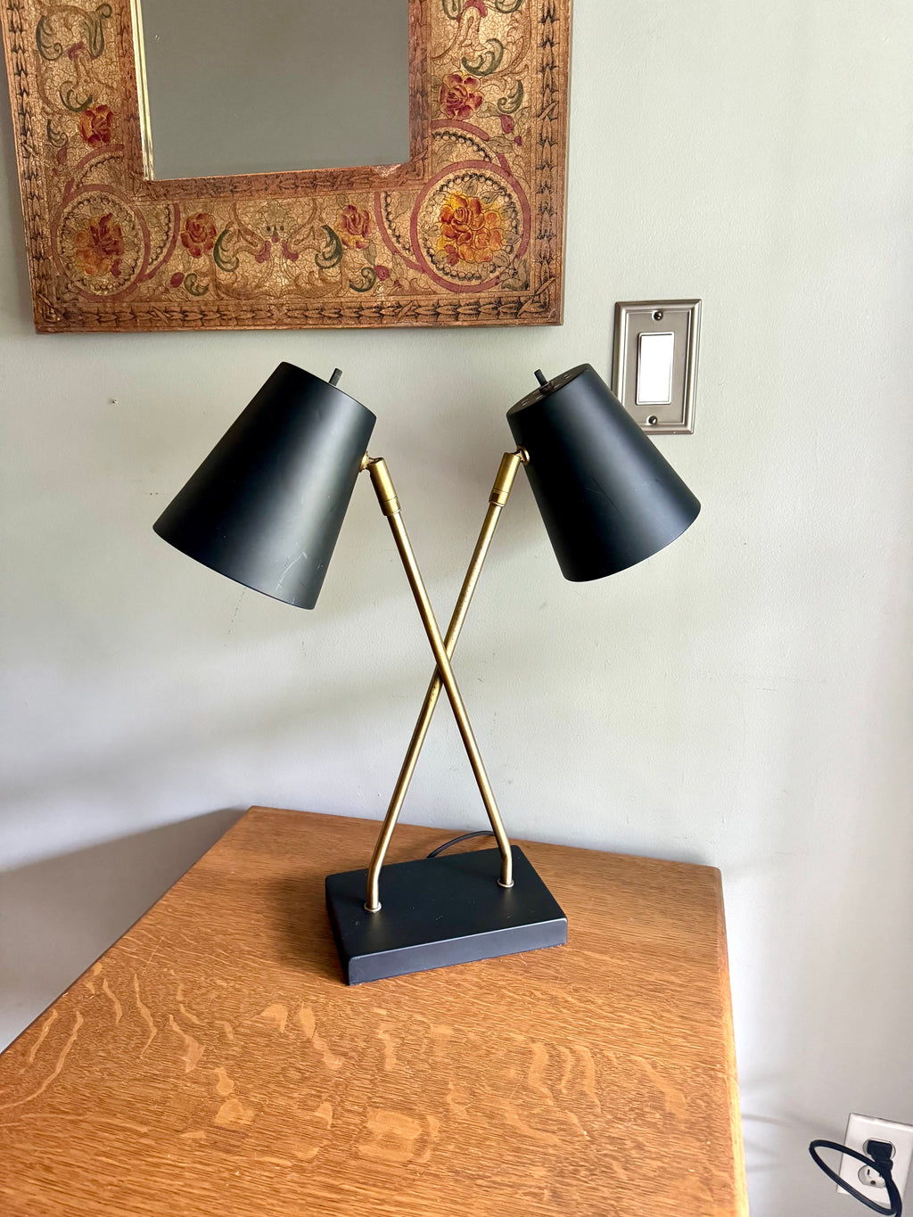 Vintage MCM Style Double Shade Desk Lamp | Black and Gold Double Shade Lamp | Double Fixture Desk Lamp | Atomic Double Adjustable Shade Lamp