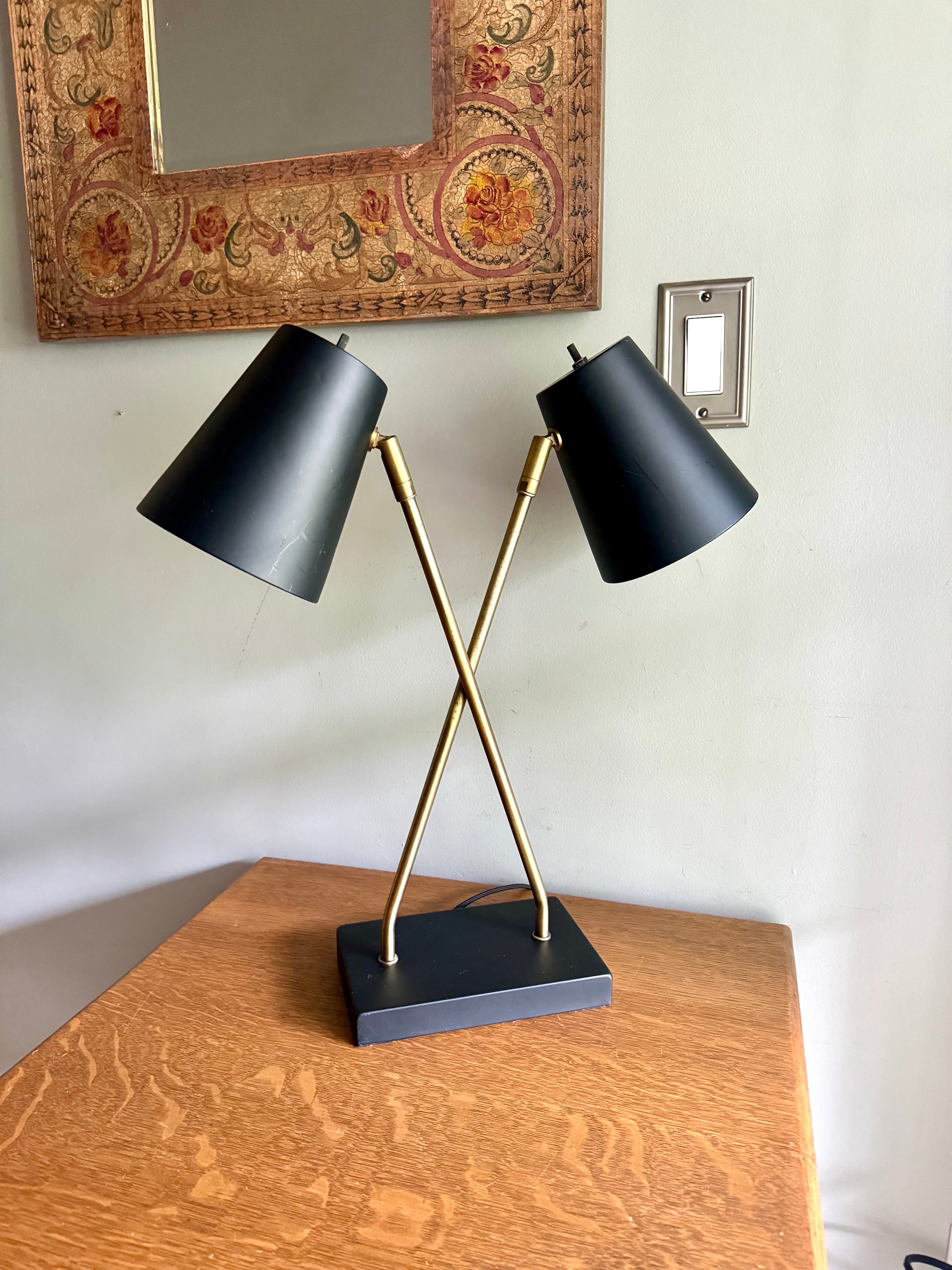 Vintage MCM Style Double Shade Desk Lamp | Black and Gold Double Shade Lamp | Double Fixture Desk Lamp | Atomic Double Adjustable Shade Lamp