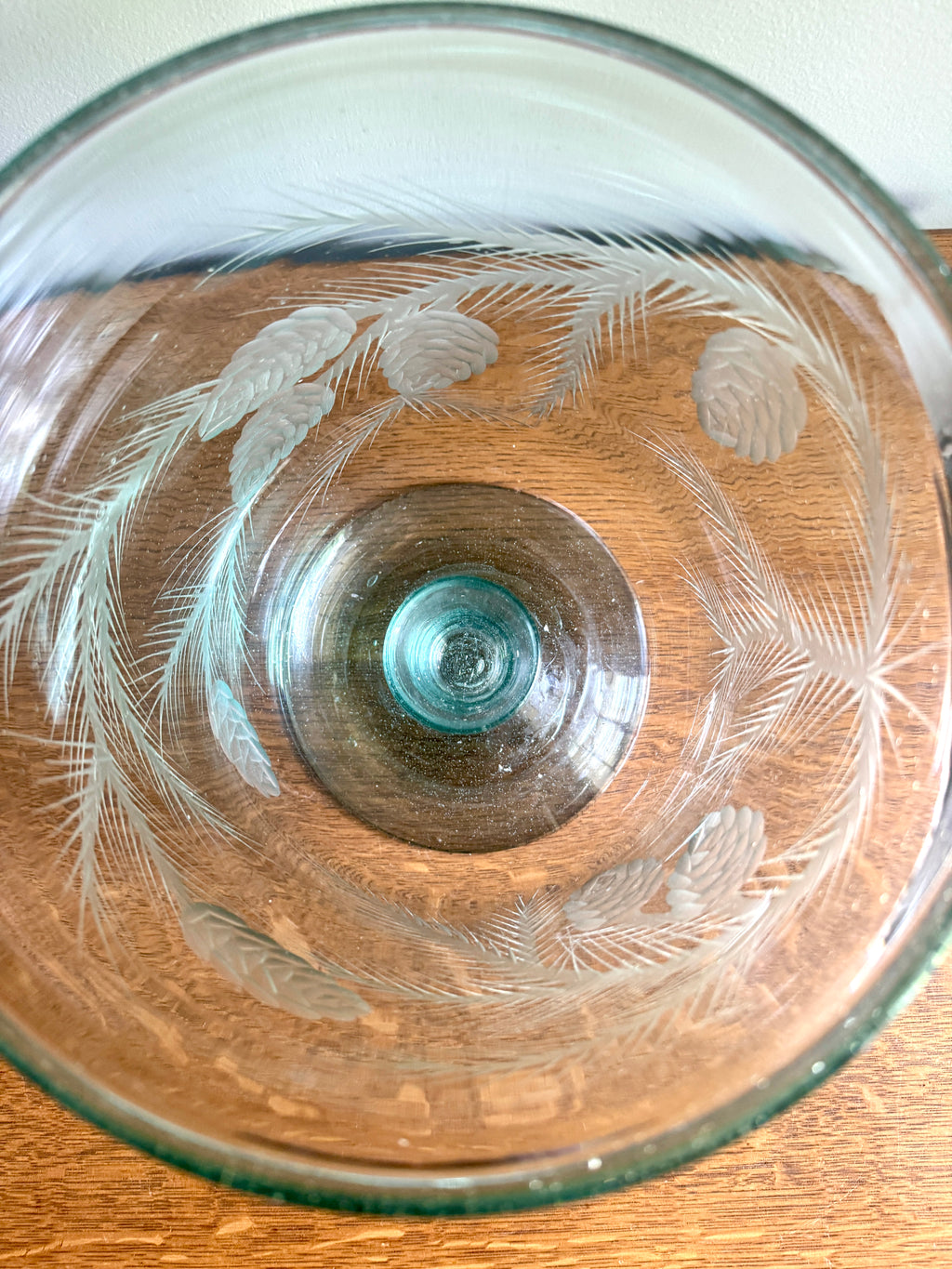 Vtg Large Etched Glass Hurricane Candle Holder ~ Handblown Footed Sea Green Glass Candleholder